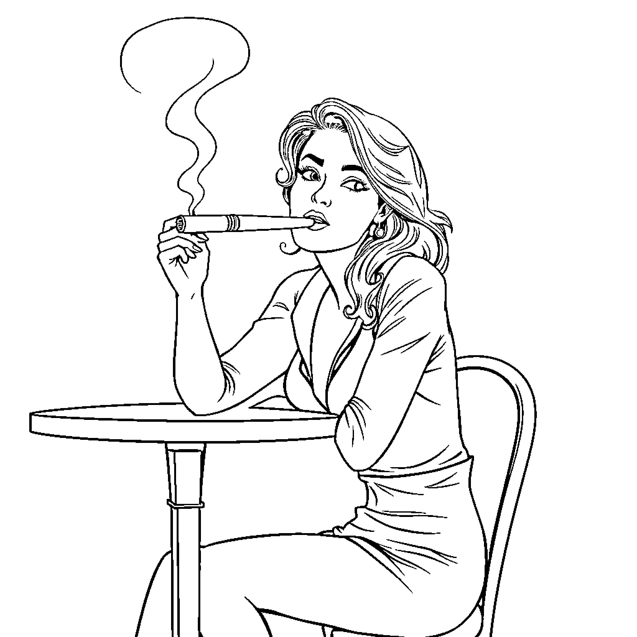 Woman smoking thoughtfully at her desk Coloring Page (free black-and-white line drawing printable PDF for all, from beginners to advanced learners, including children, teens, adults, and seniors)