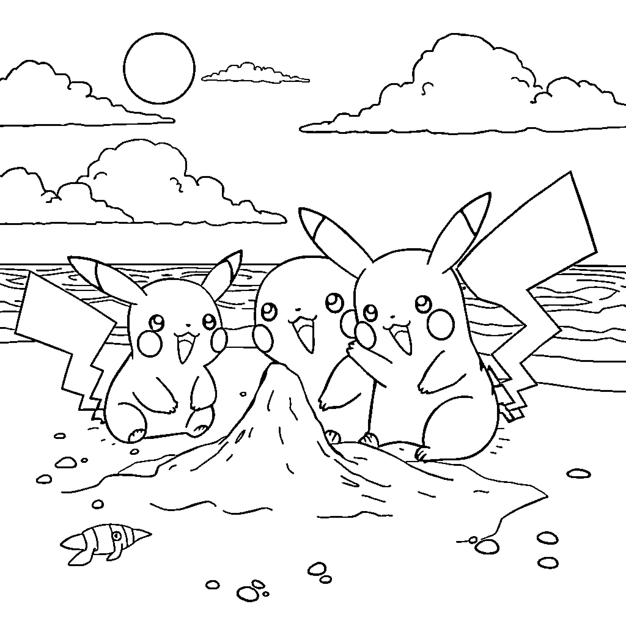 Pikachu and friends enjoying a day at the beach Coloring Page (free black-and-white line drawing printable PDF for all, from beginners to advanced learners, including children, teens, adults, and seniors)