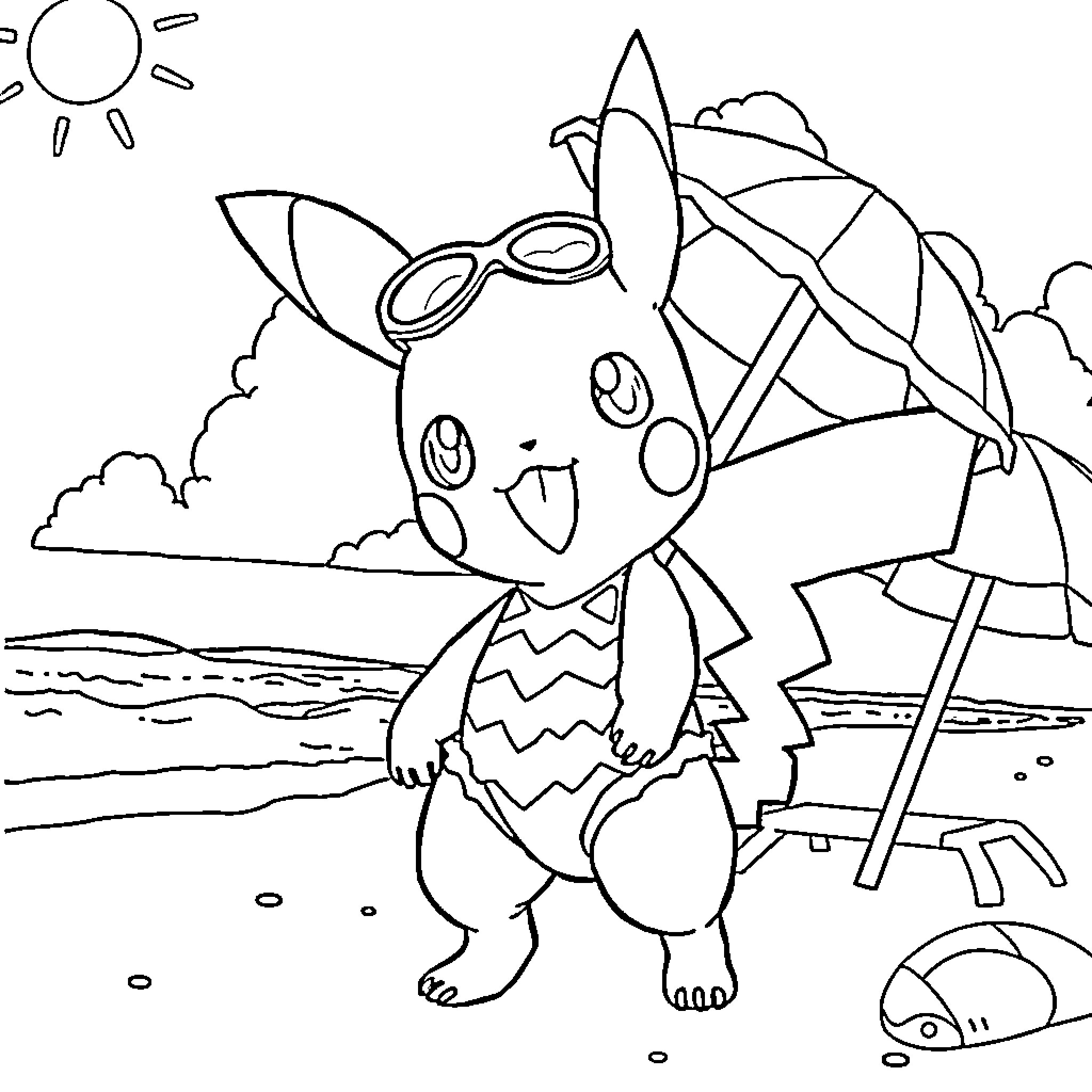 Pokémon character enjoying a day at the beach Coloring Page (free black-and-white line drawing printable PDF for all, from beginners to advanced learners, including children, teens, adults, and seniors)