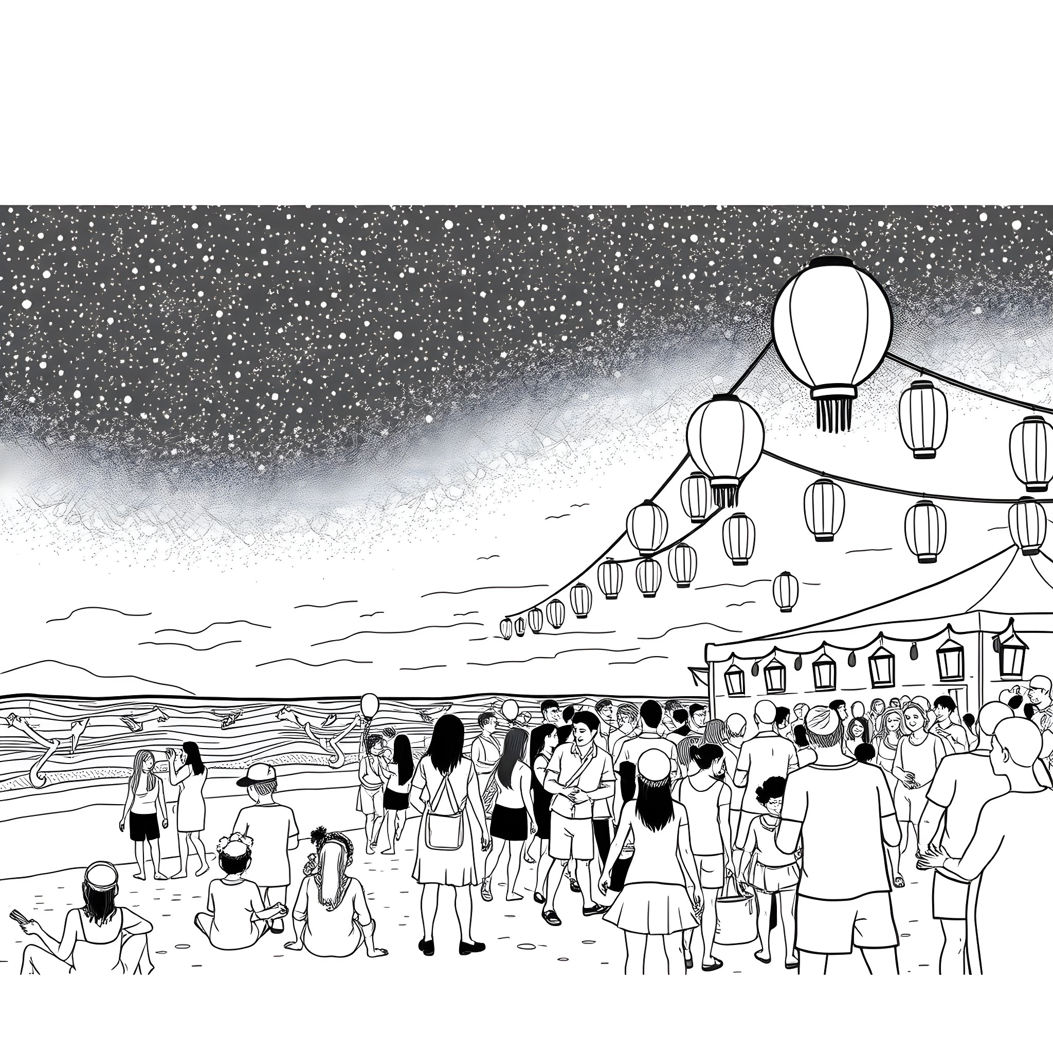 Festival of light and crowds in the night Coloring Page (free black-and-white line drawing printable PDF for all, from beginners to advanced learners, including children, teens, adults, and seniors)
