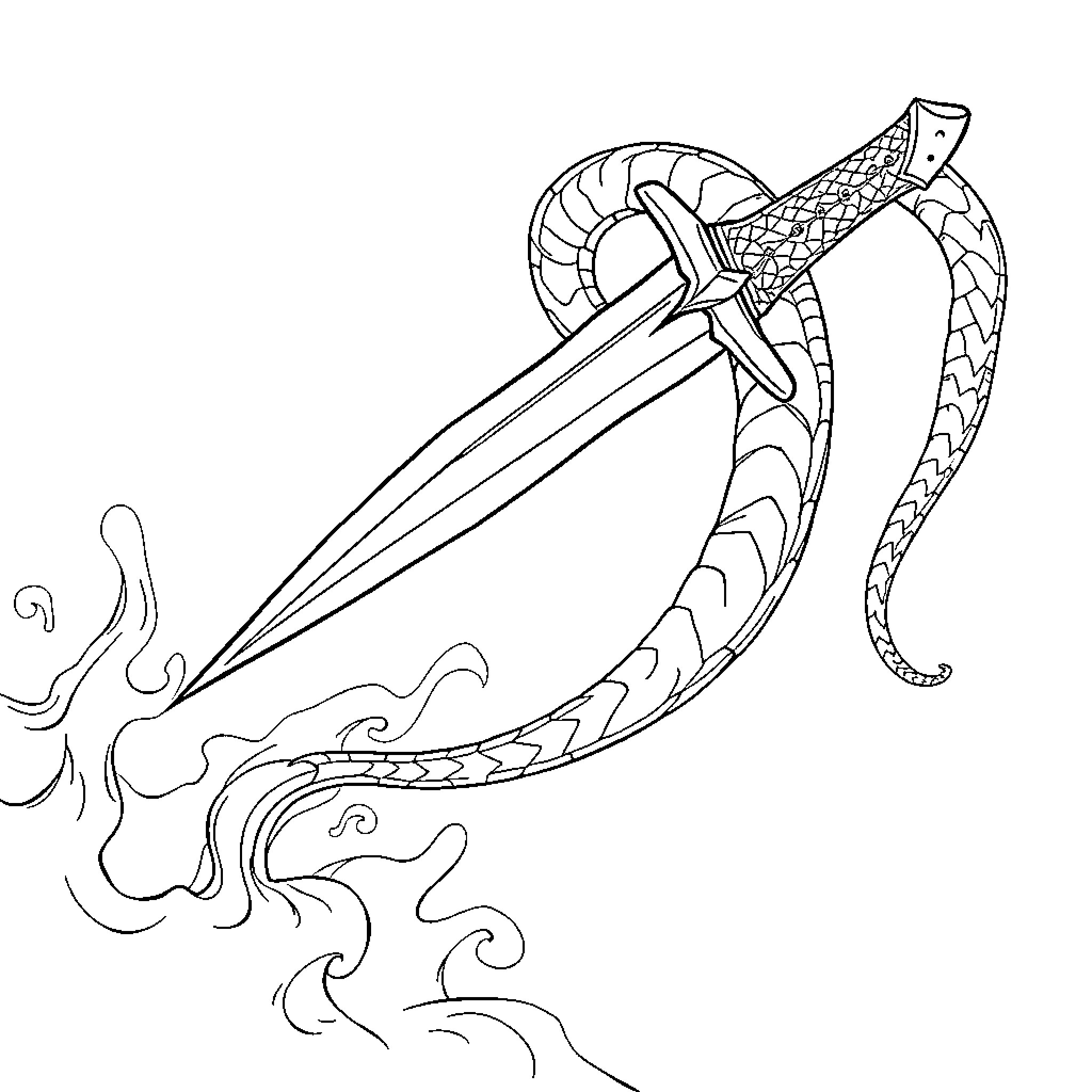Serpent Wielding Sword with Flames Coloring Page (free black-and-white line drawing printable PDF for all, from beginners to advanced learners, including children, teens, adults, and seniors)