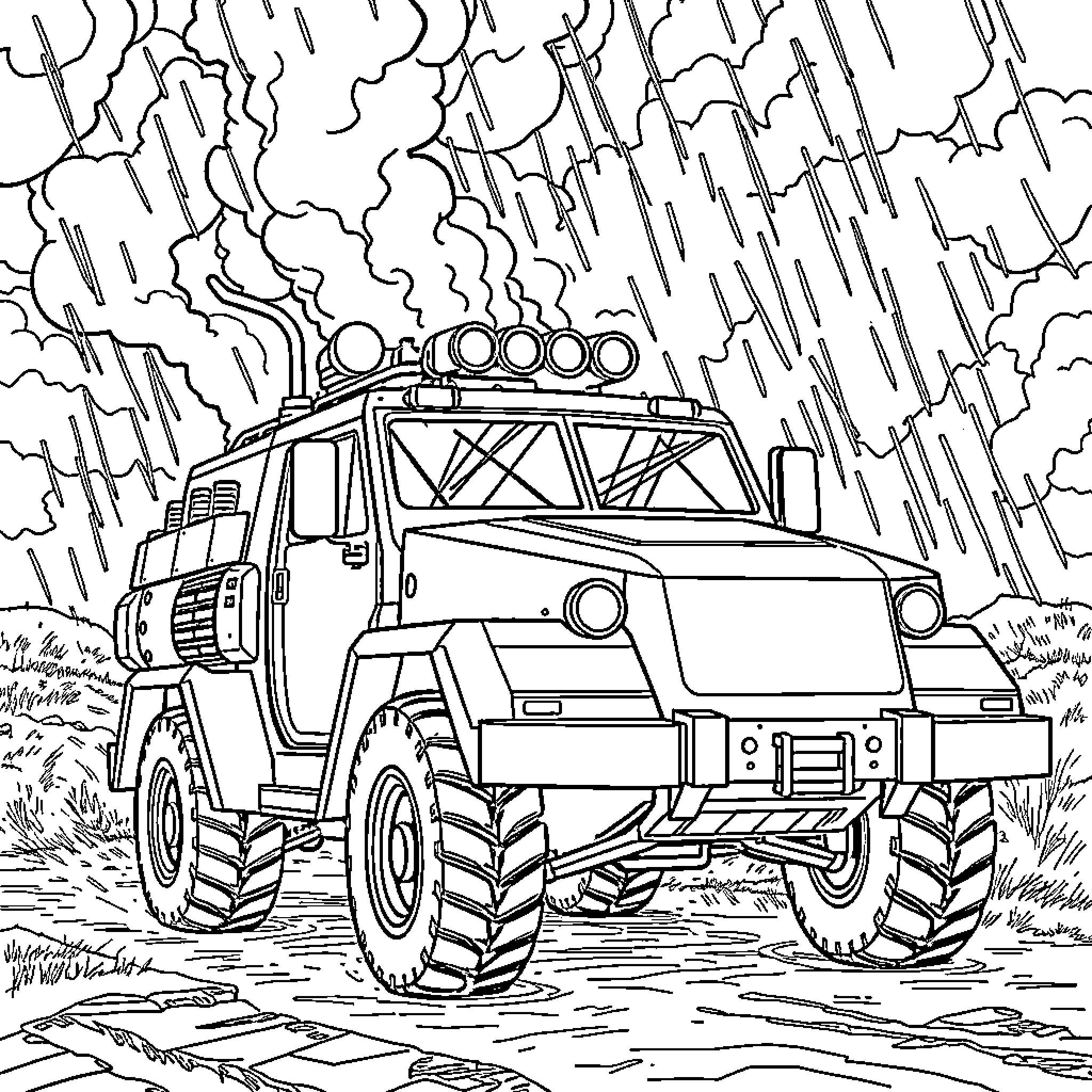 Vehicle navigating through rugged terrain Coloring Page (free black-and-white line drawing printable PDF for all, from beginners to advanced learners, including children, teens, adults, and seniors)
