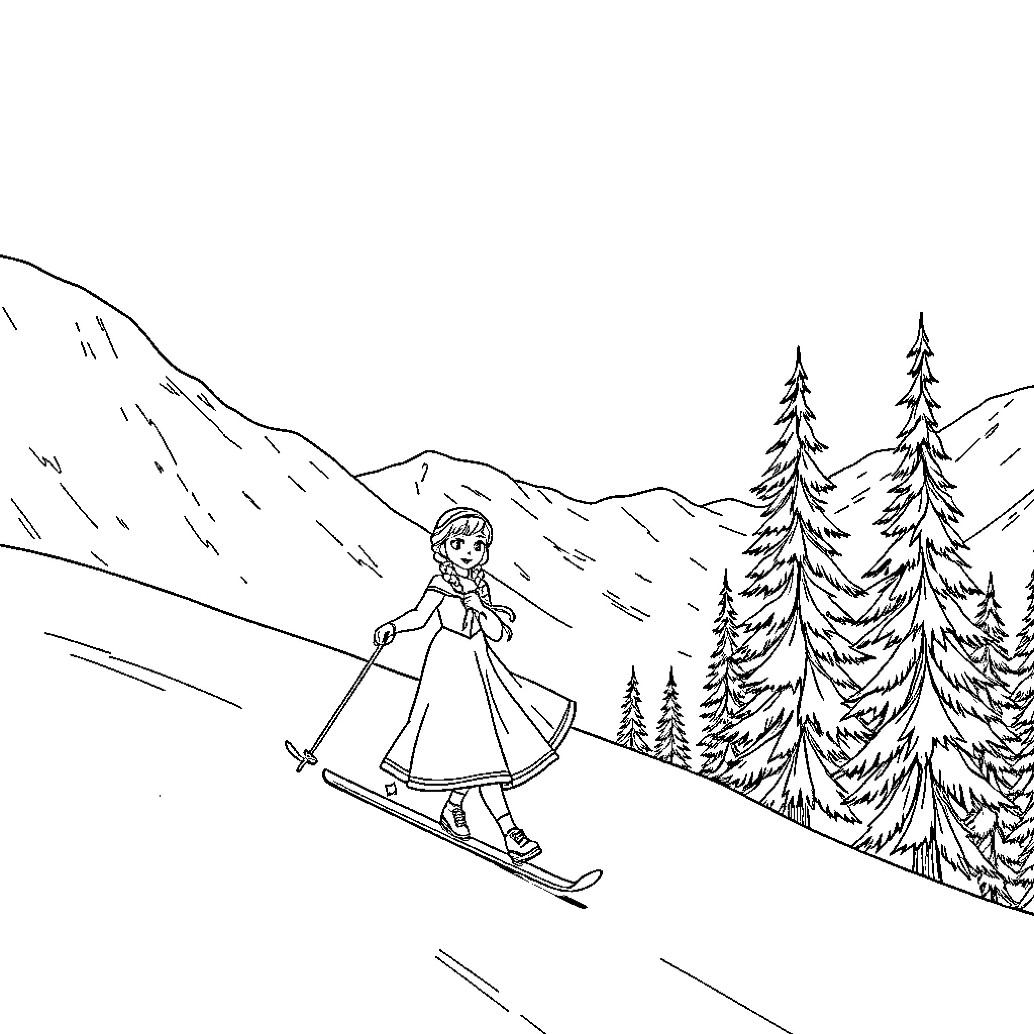 Anna and Elsa skiing in the winter wonderland Coloring Page (free black-and-white line drawing printable PDF for all, from beginners to advanced learners, including children, teens, adults, and seniors)