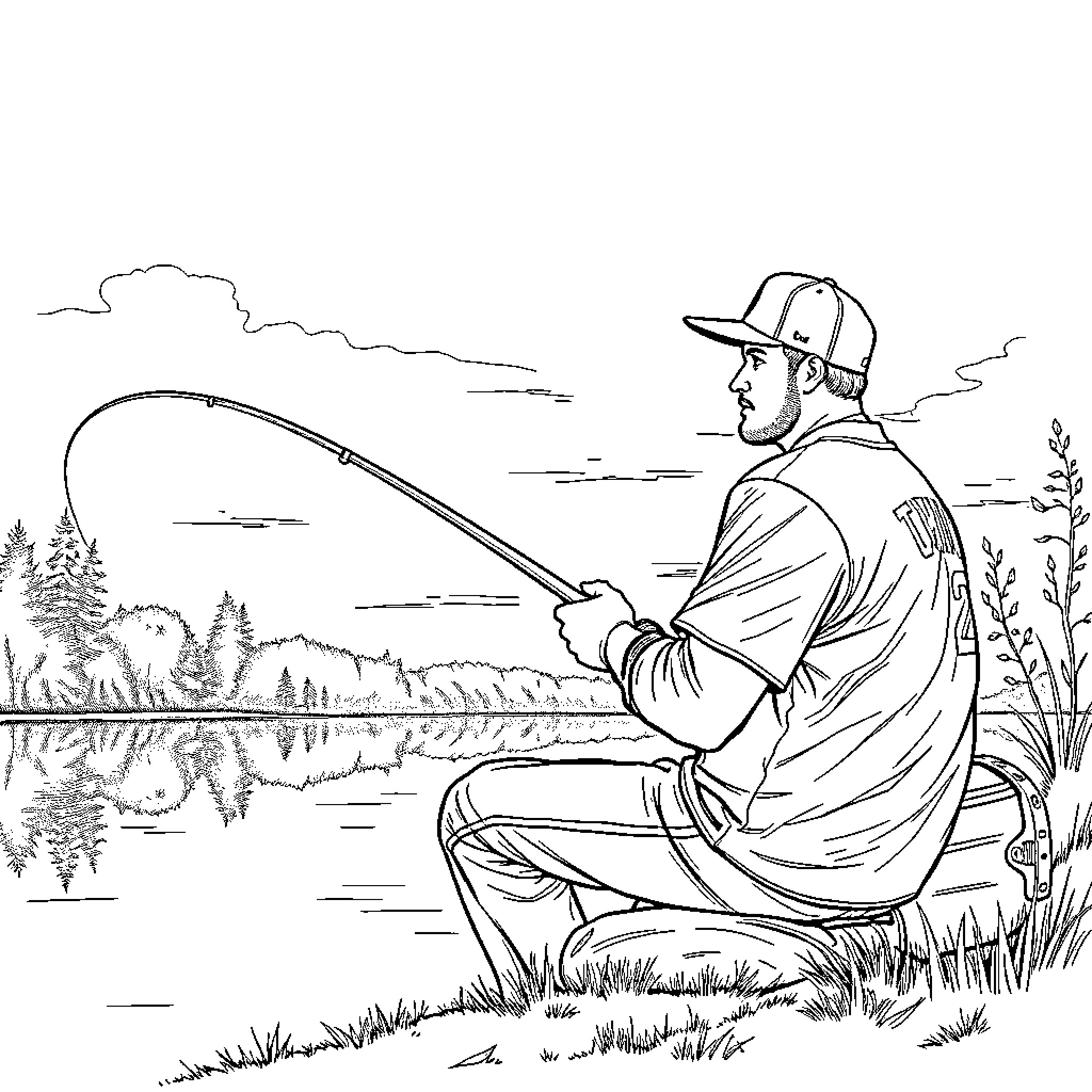 Royce Lewis enjoying a peaceful fishing trip Coloring Page (free black-and-white line drawing printable PDF for all, from beginners to advanced learners, including children, teens, adults, and seniors)