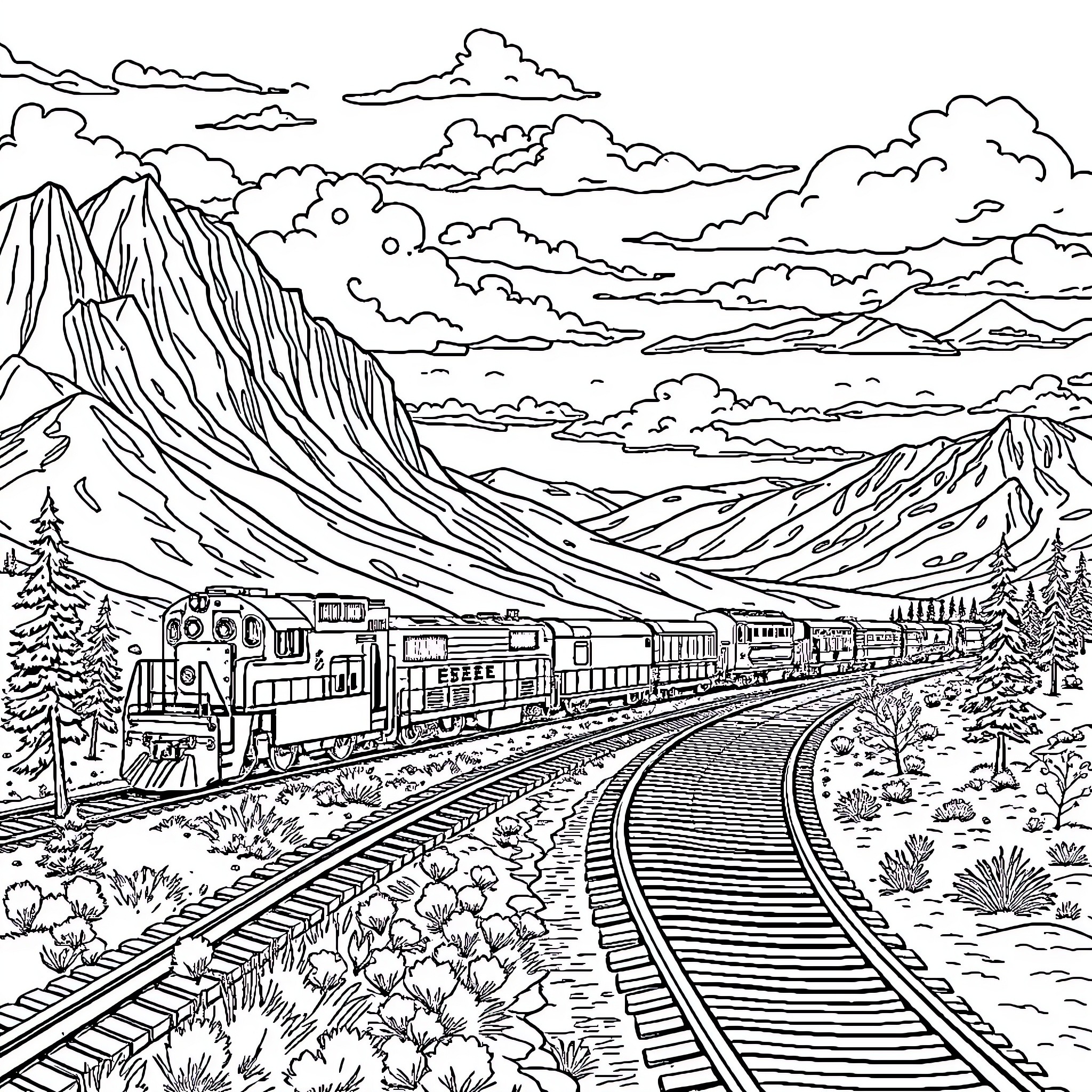 Anime Railroad Journeying Through Mountain Landscapes Coloring Page (free black-and-white line drawing printable PDF for all, from beginners to advanced learners, including children, teens, adults, and seniors)