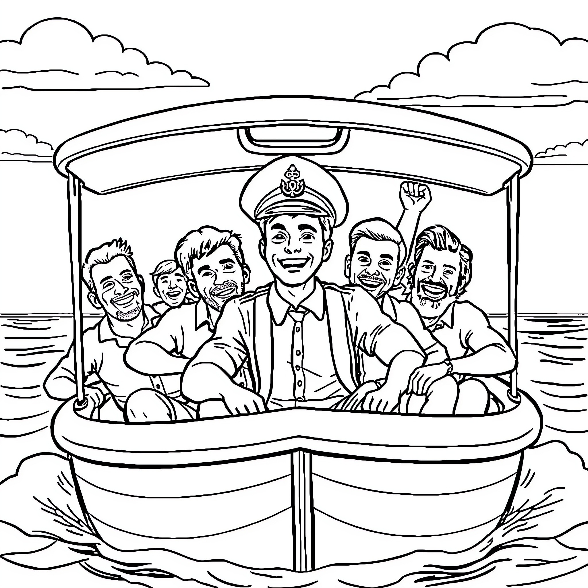 Man smiling with a group of friends in a boat Coloring Page (free black-and-white line drawing printable PDF for all, from beginners to advanced learners, including children, teens, adults, and seniors)