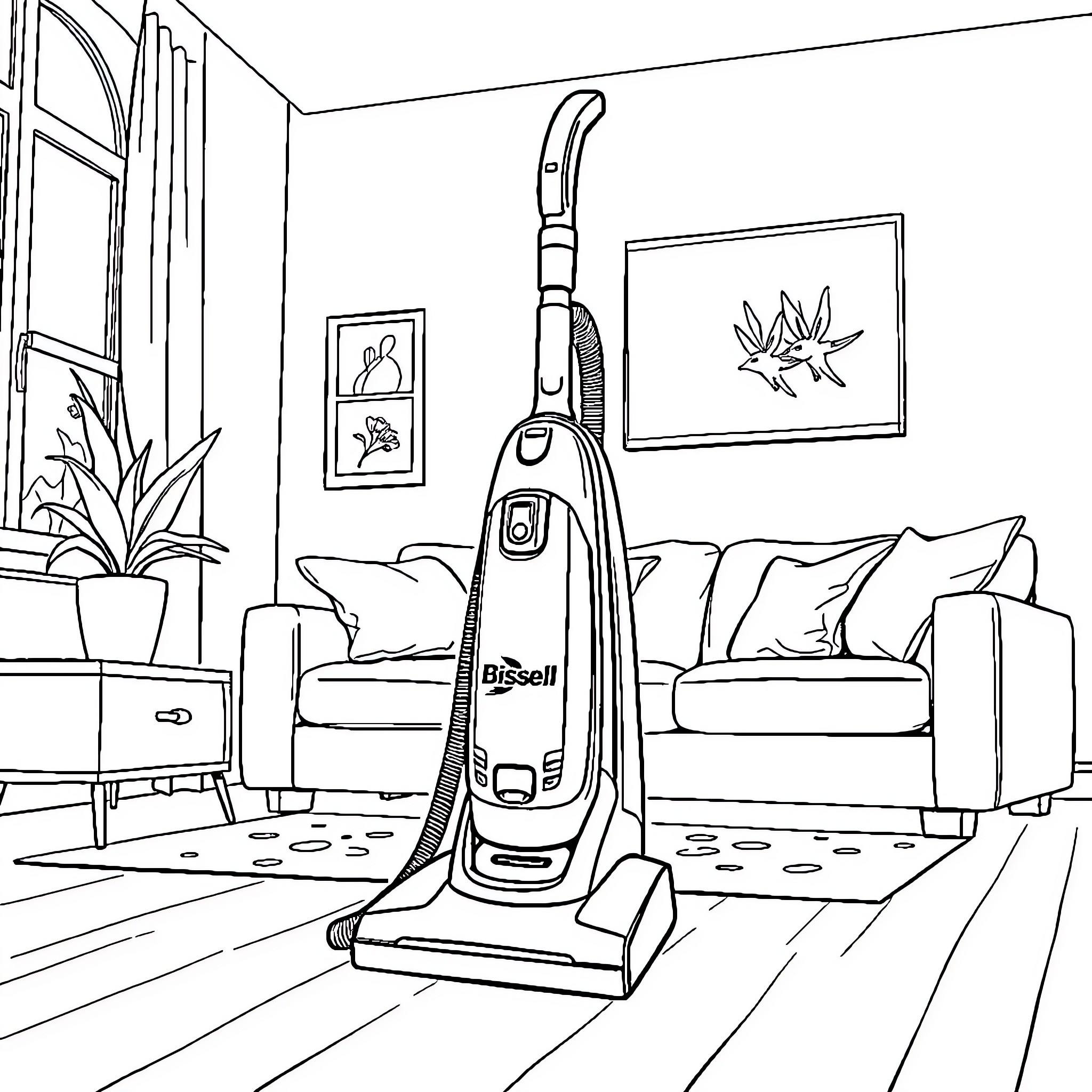 Bissell Vacuum in a cozy living room setting Coloring Page (free black-and-white line drawing printable PDF for all, from beginners to advanced learners, including children, teens, adults, and seniors)