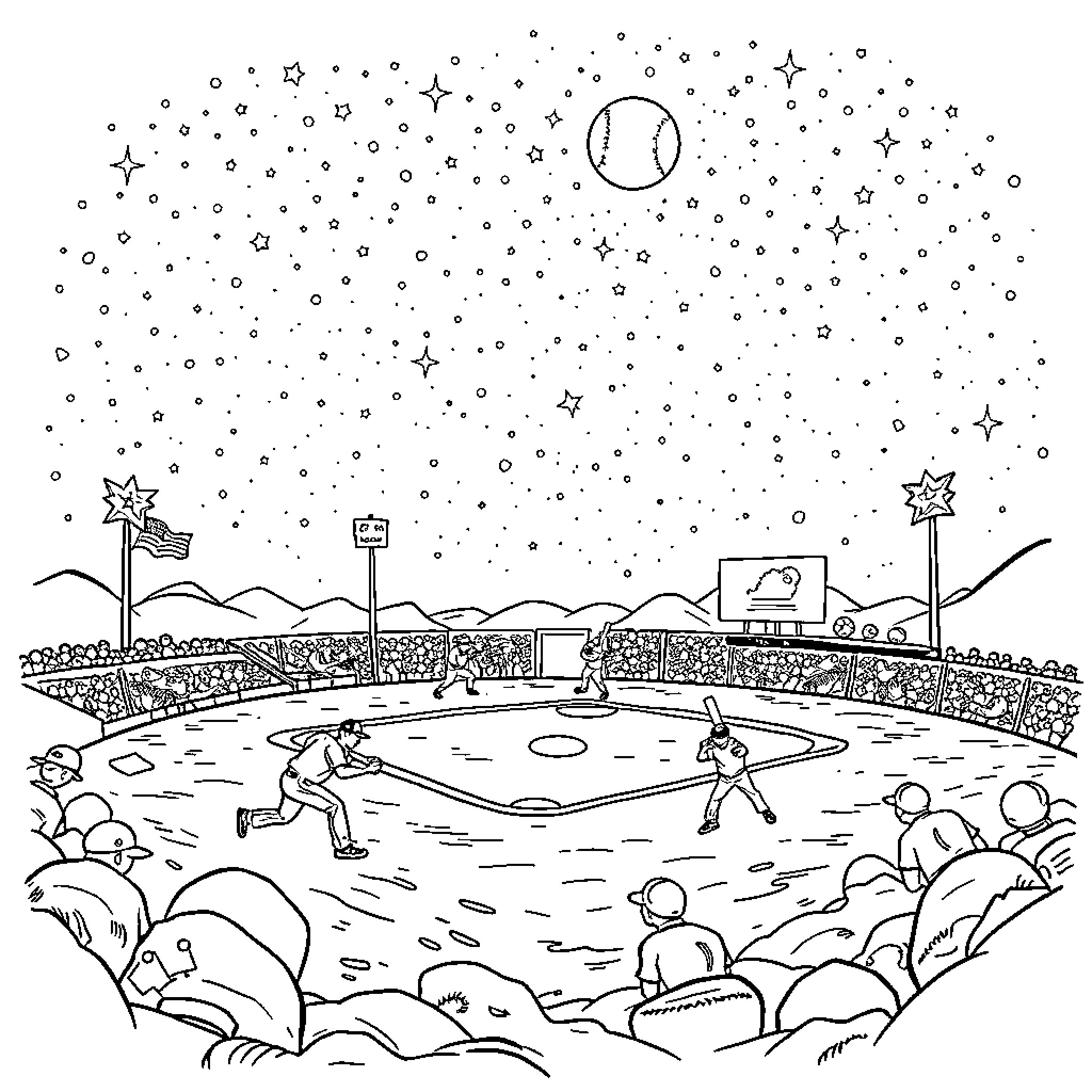 Baseball game under the starry night sky Coloring Page (free black-and-white line drawing printable PDF for all, from beginners to advanced learners, including children, teens, adults, and seniors)