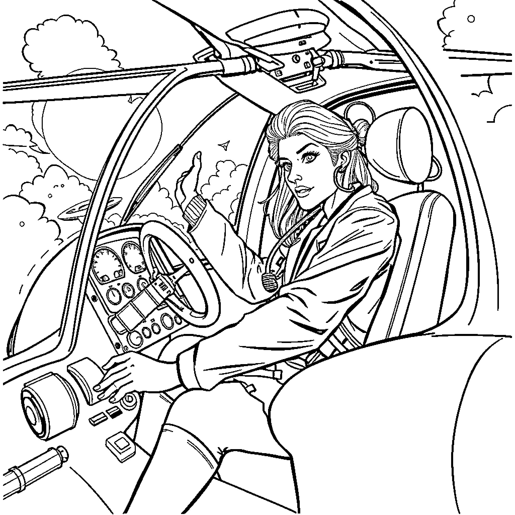 Doctor piloting aircraft through cloudy sky Coloring Page (free black-and-white line drawing printable PDF for all, from beginners to advanced learners, including children, teens, adults, and seniors)