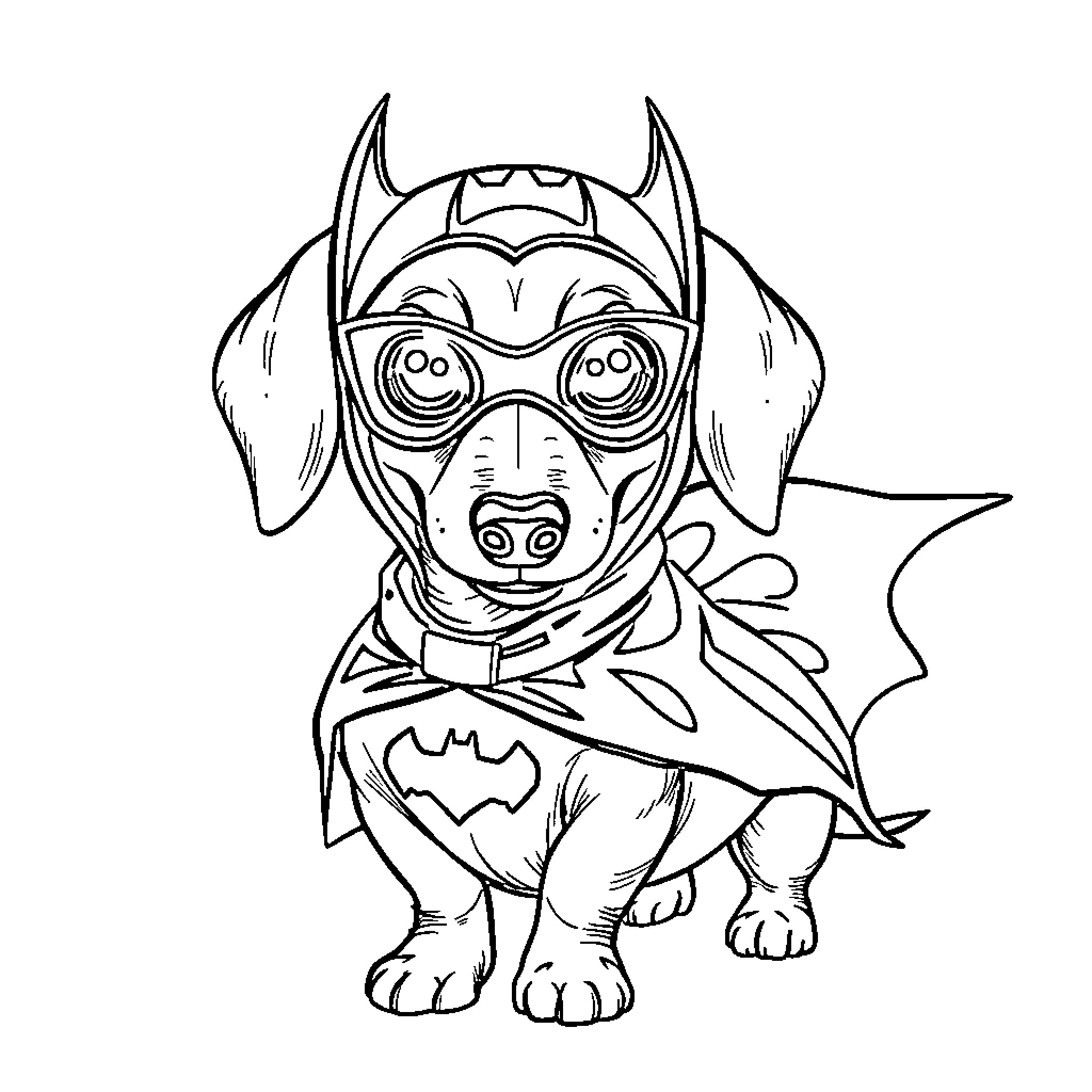 Dachshund dressed as a superhero Coloring Page (free black-and-white line drawing printable PDF for all, from beginners to advanced learners, including children, teens, adults, and seniors)