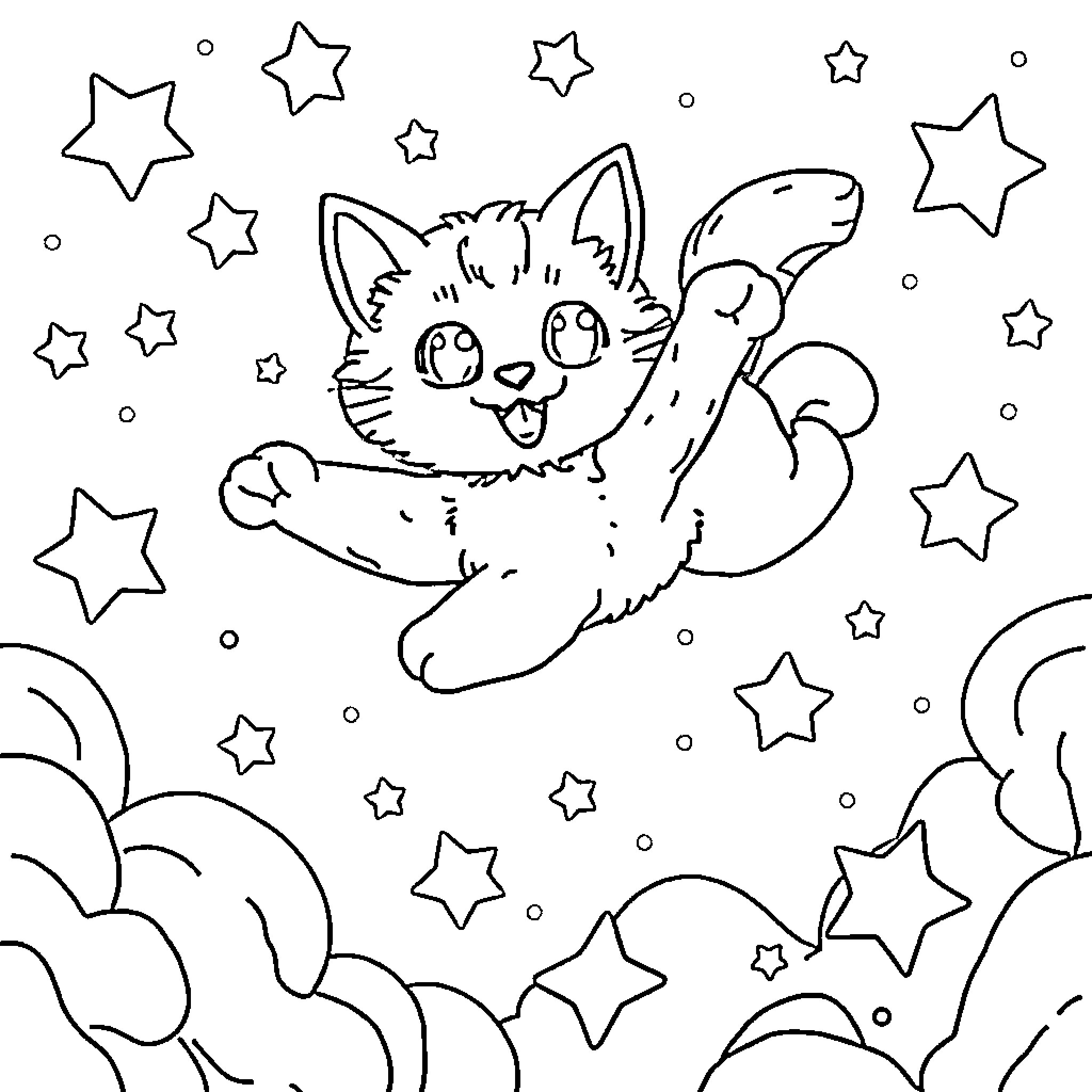 Cat jumping joyfully among the stars Coloring Page (free black-and-white line drawing printable PDF for all, from beginners to advanced learners, including children, teens, adults, and seniors)