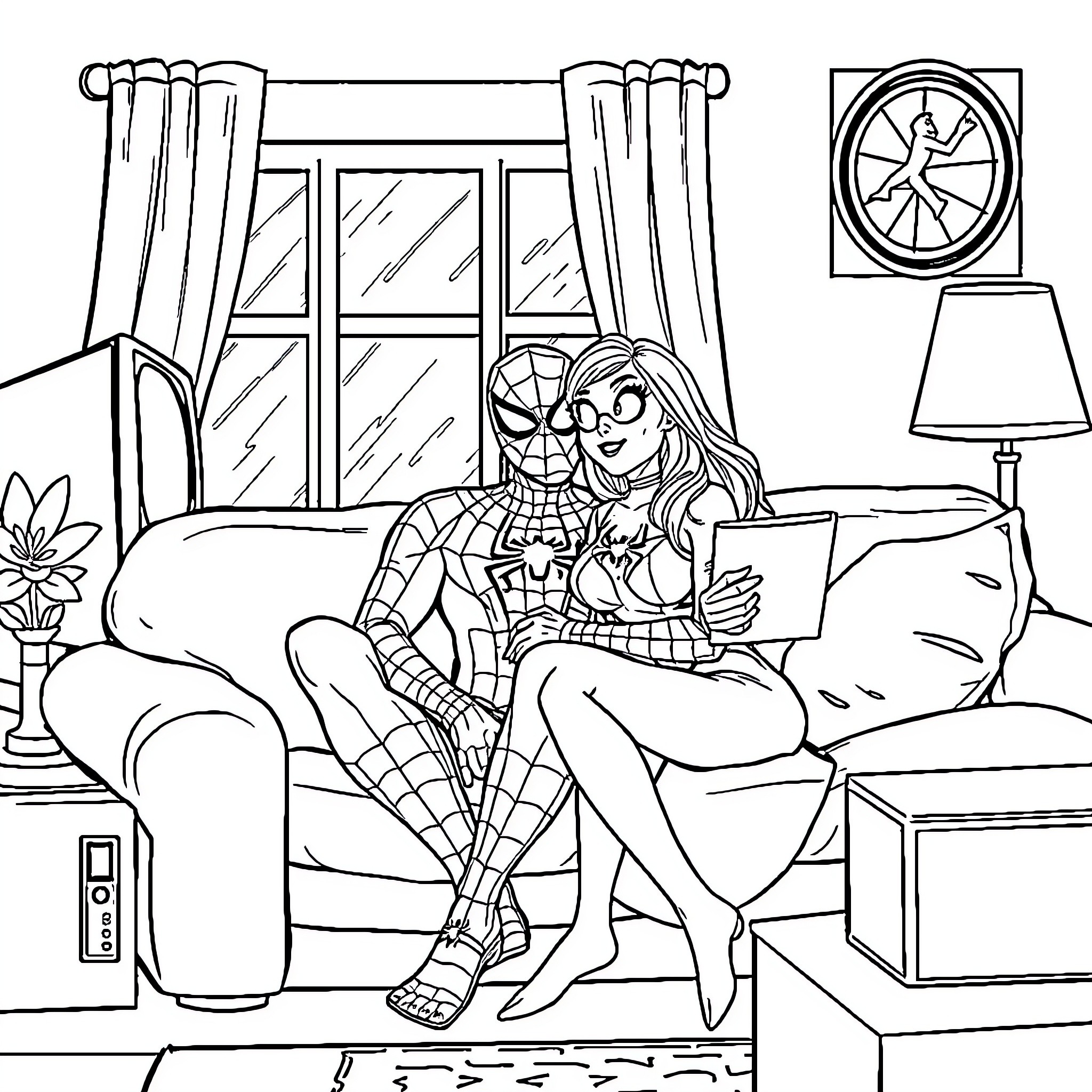 Spiderman interacts with a friendly companion in cozy setting Coloring Page (free black-and-white line drawing printable PDF for all, from beginners to advanced learners, including children, teens, adults, and seniors)