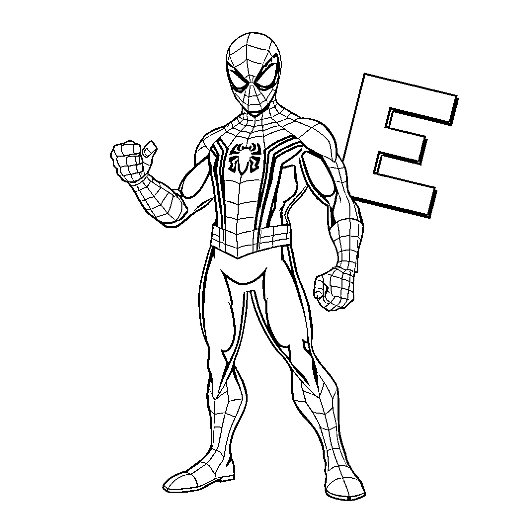 Spiderman standing in action pose Coloring Page (free black-and-white line drawing printable PDF for all, from beginners to advanced learners, including children, teens, adults, and seniors)