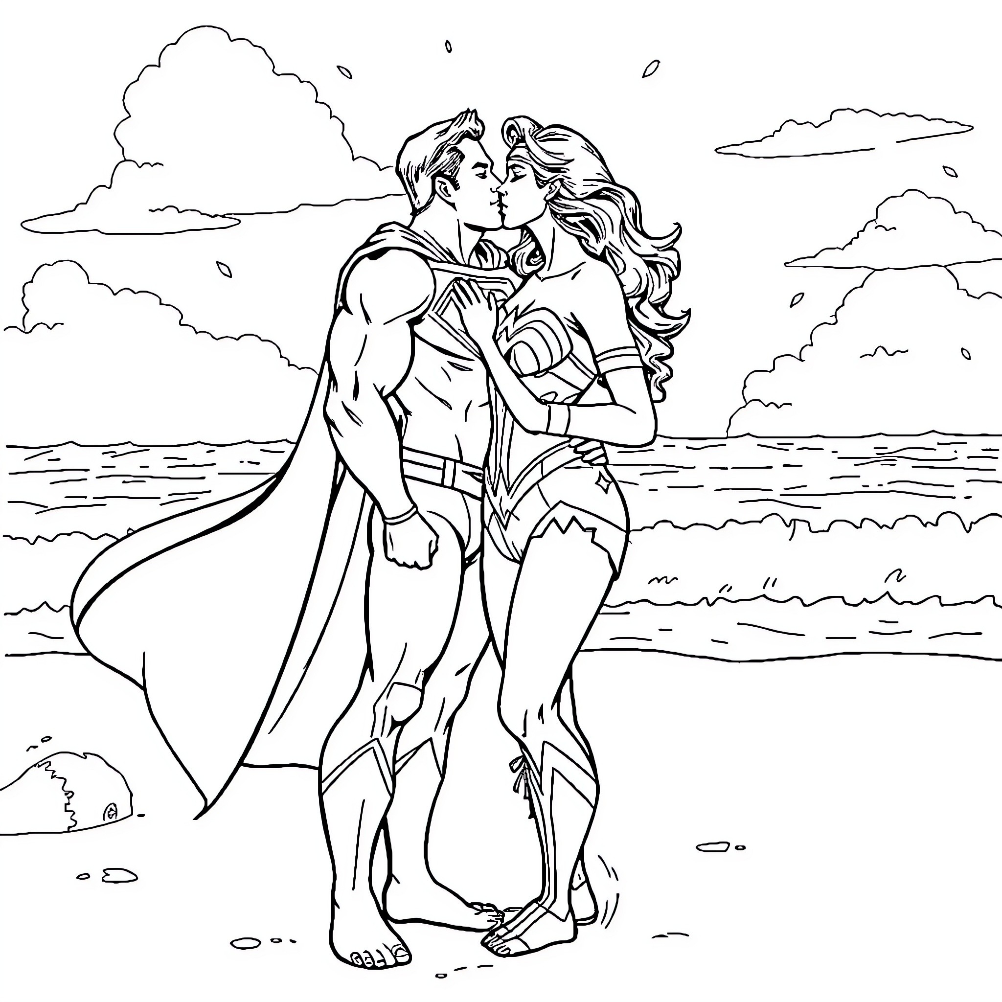 Superman and Wonder Woman embracing on the beach Coloring Page (free black-and-white line drawing printable PDF for all, from beginners to advanced learners, including children, teens, adults, and seniors)