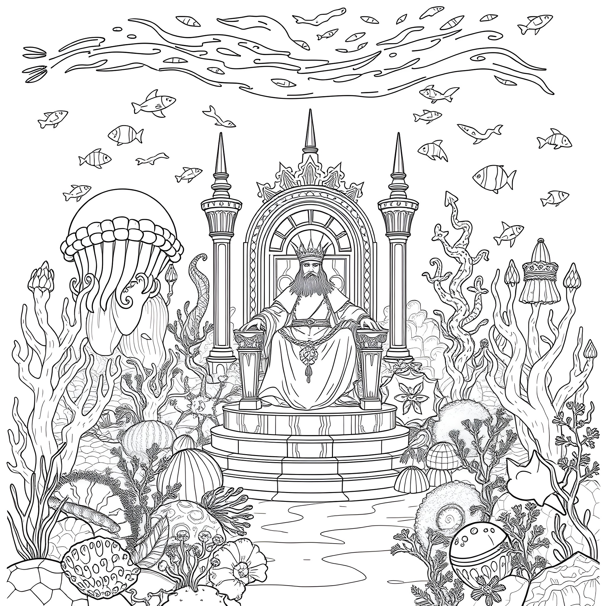 King of the Underwater Kingdom and his Courtly Subjects Coloring Page (free black-and-white line drawing printable PDF for all, from beginners to advanced learners, including children, teens, adults, and seniors)