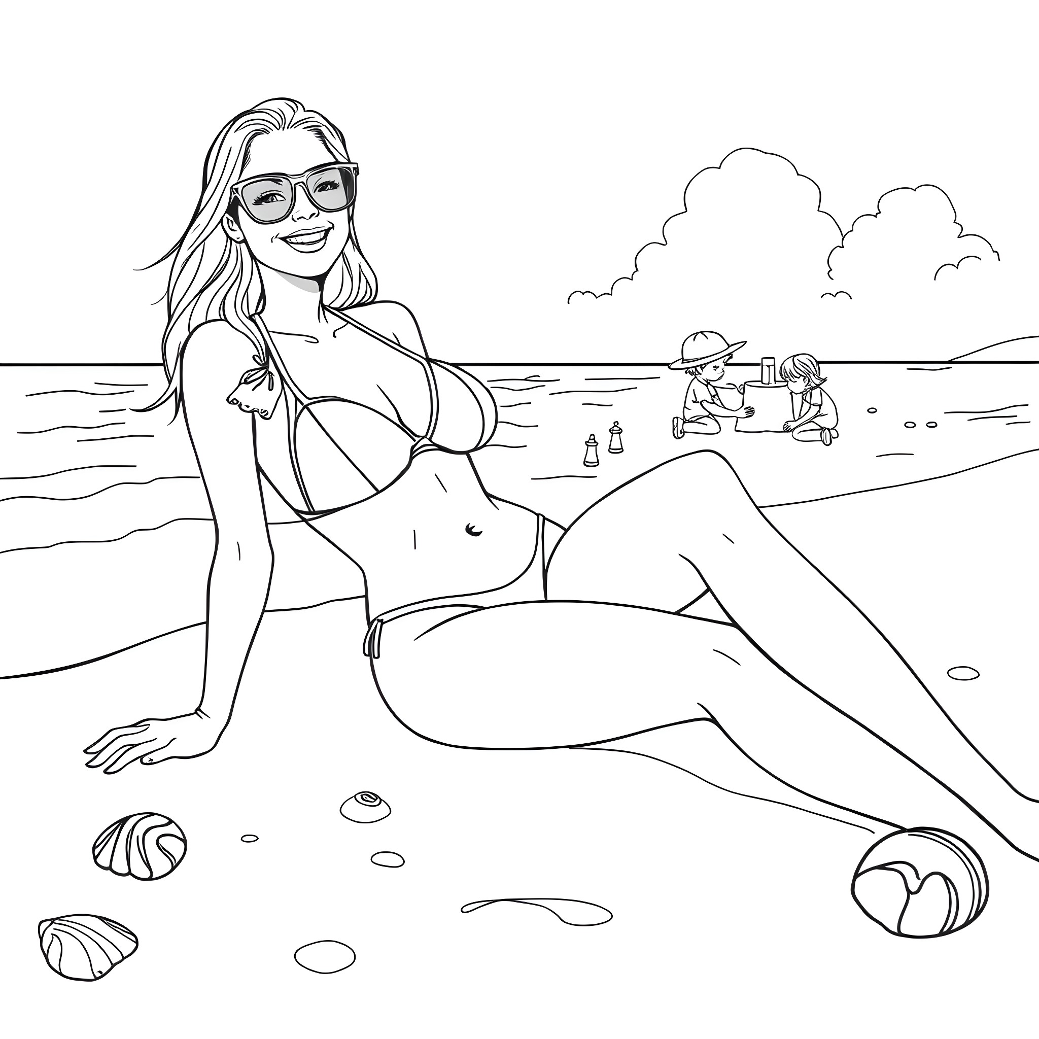 Mom relaxing on the beach with friends Coloring Page (free black-and-white line drawing printable PDF for all, from beginners to advanced learners, including children, teens, adults, and seniors)