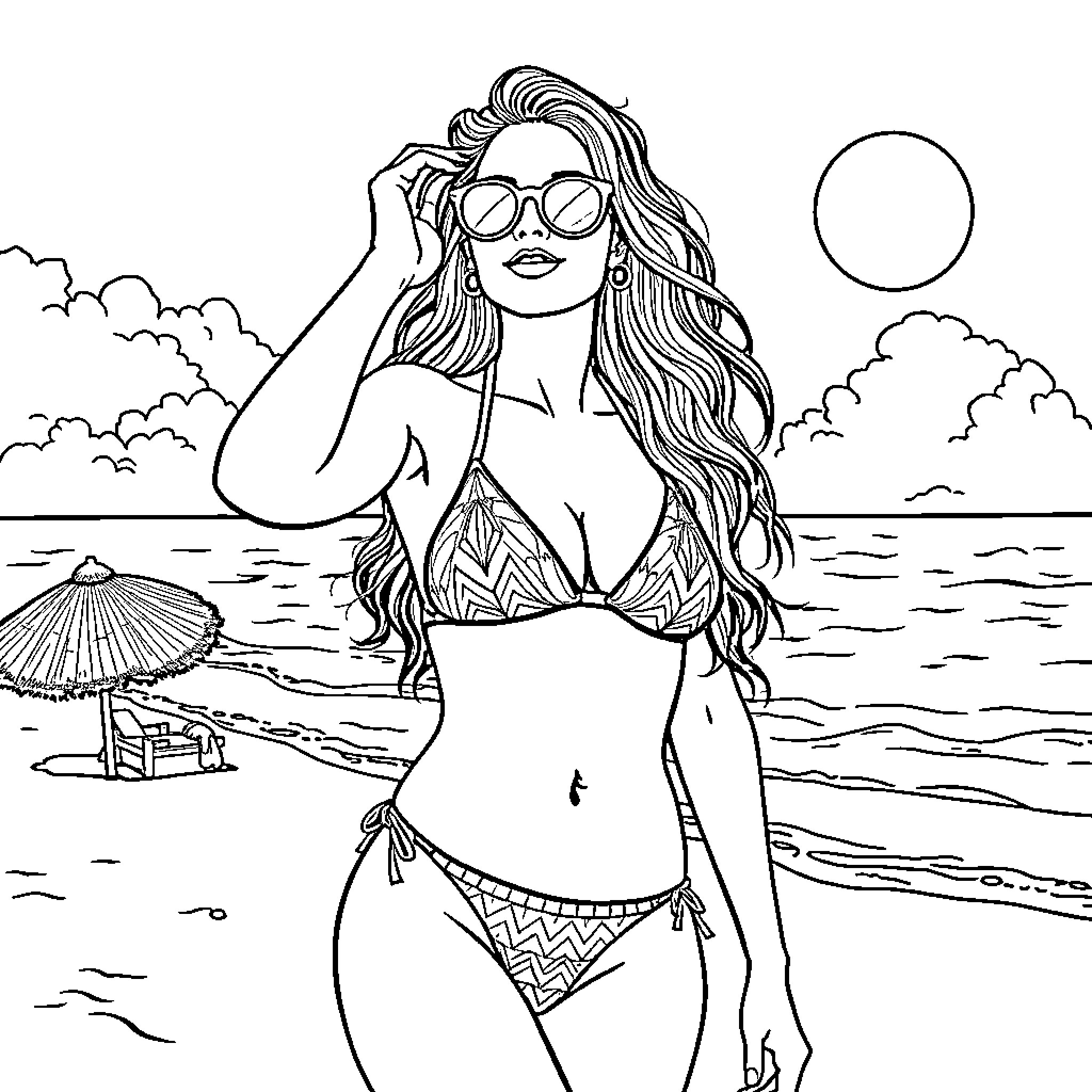 Woman enjoying a sunny day at the beach Coloring Page (free black-and-white line drawing printable PDF for all, from beginners to advanced learners, including children, teens, adults, and seniors)