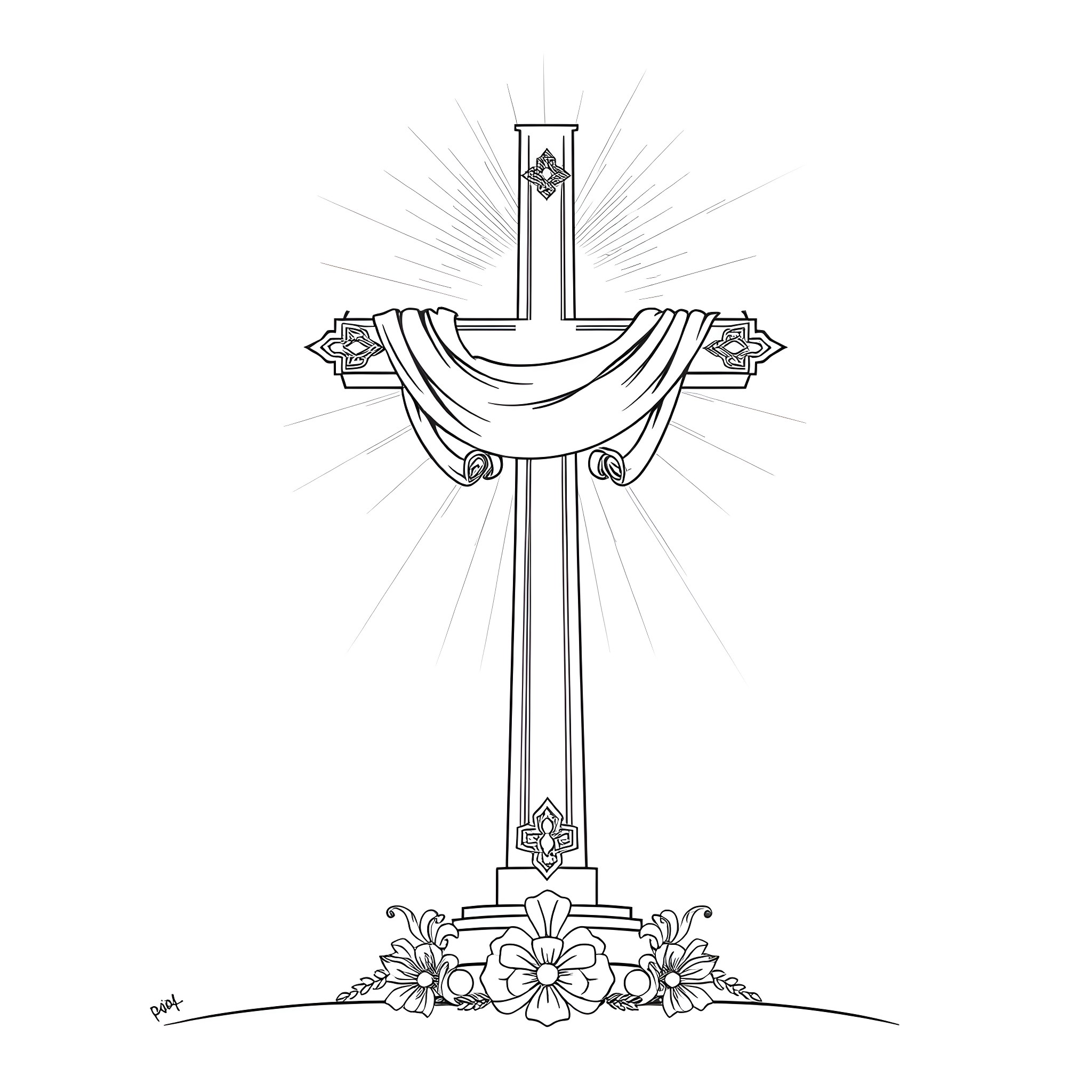 Cross with Floral Decorations and Sunburst Coloring Page (free black-and-white line drawing printable PDF for all, from beginners to advanced learners, including children, teens, adults, and seniors)