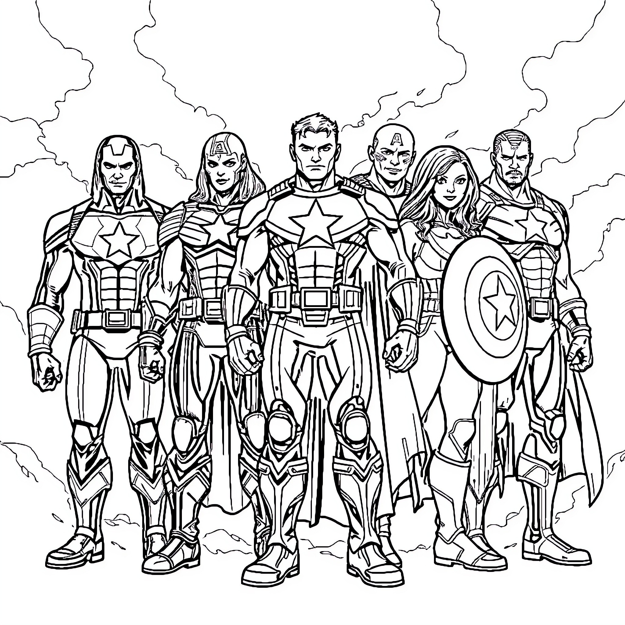 Avenger Heroes in Action Pose Coloring Page (free black-and-white line drawing printable PDF for all, from beginners to advanced learners, including children, teens, adults, and seniors)