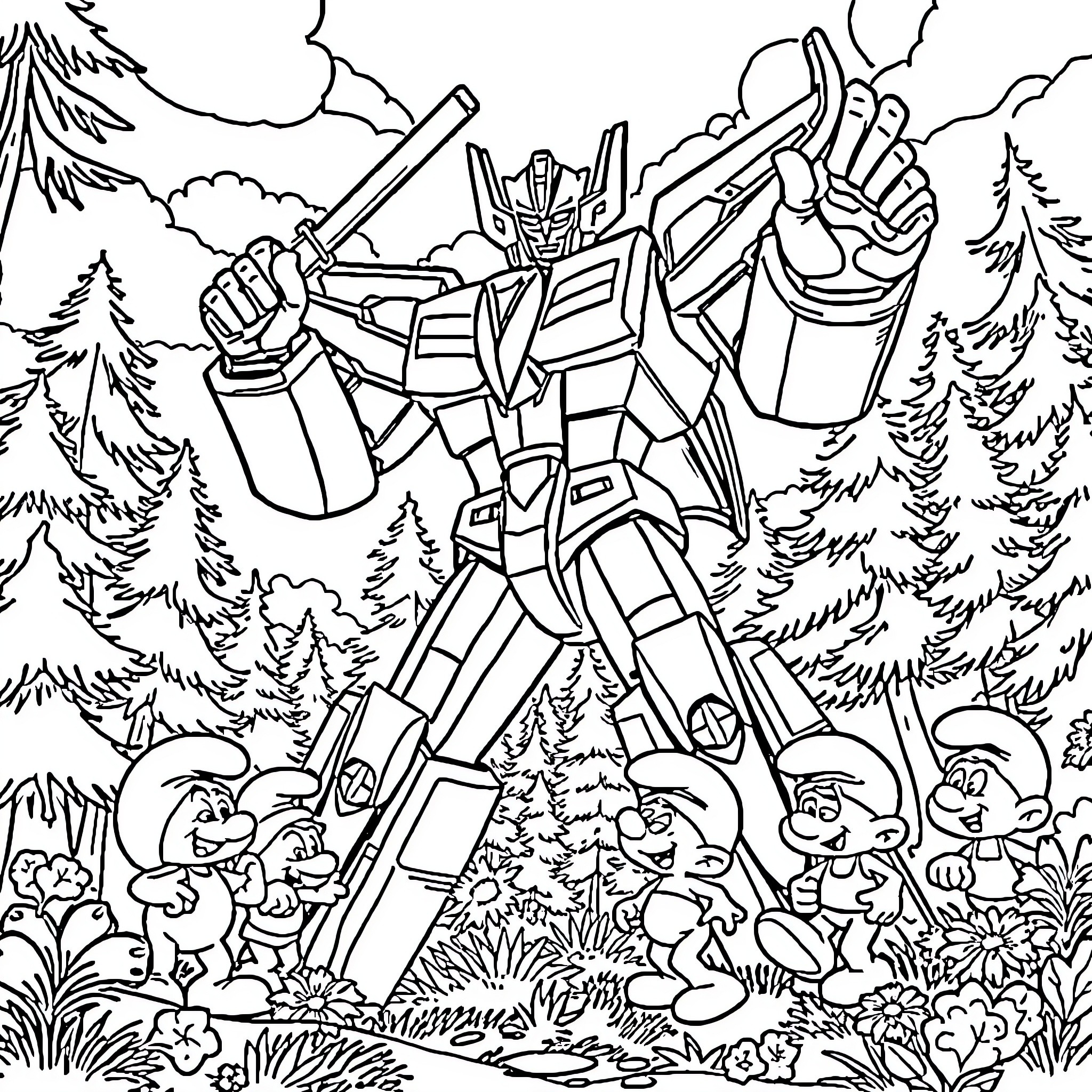 Voltron in an epic battle against foes in the wilderness Coloring Page (free black-and-white line drawing printable PDF for all, from beginners to advanced learners, including children, teens, adults, and seniors)