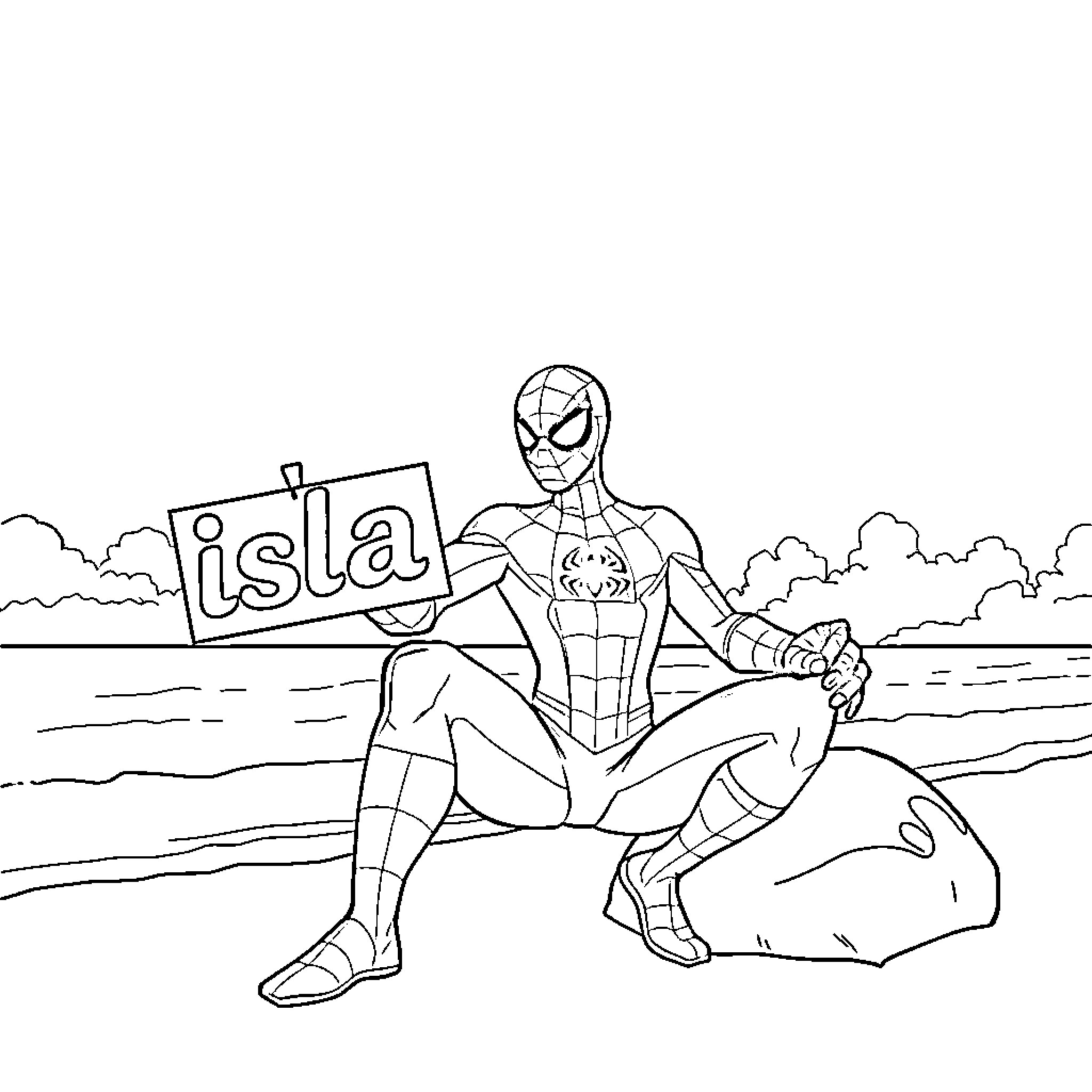 Spiderman resting on the beach near the ocean Coloring Page (free black-and-white line drawing printable PDF for all, from beginners to advanced learners, including children, teens, adults, and seniors)