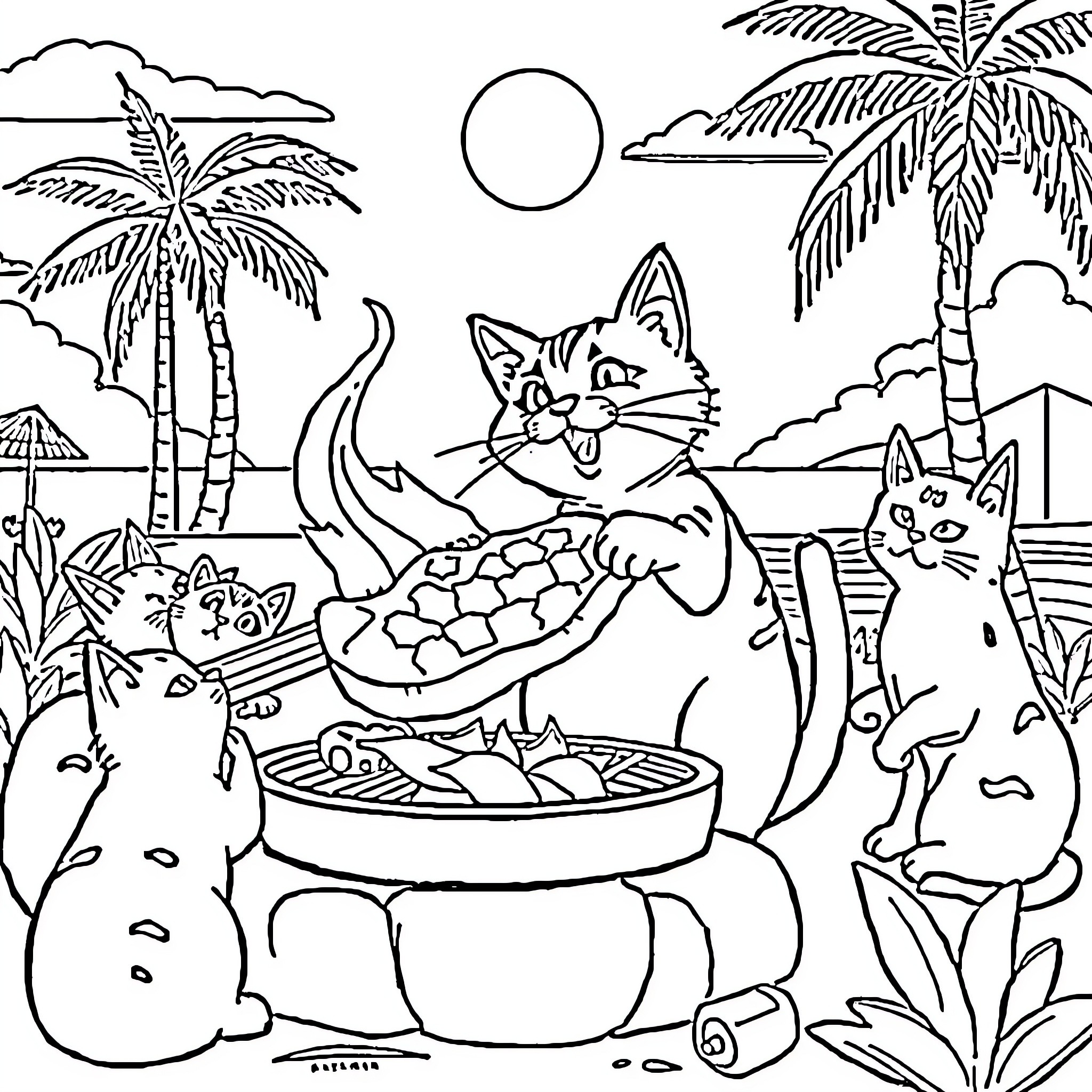 Cat cooking tropical feast with friends Coloring Page (free black-and-white line drawing printable PDF for all, from beginners to advanced learners, including children, teens, adults, and seniors)