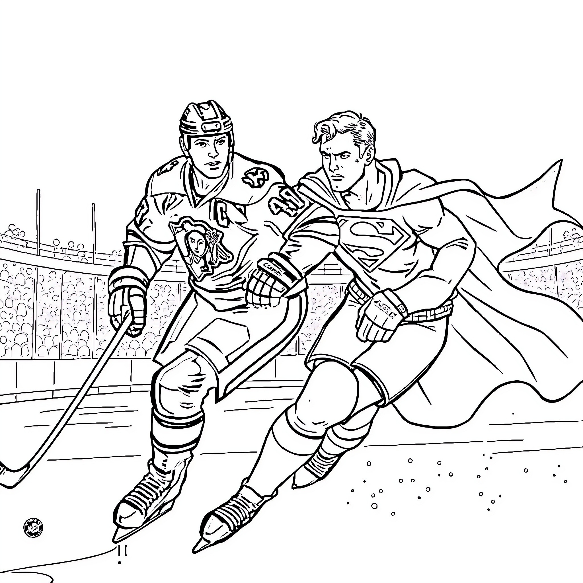 Sidney Crosby and Superman battling on the ice Coloring Page (free black-and-white line drawing printable PDF for all, from beginners to advanced learners, including children, teens, adults, and seniors)