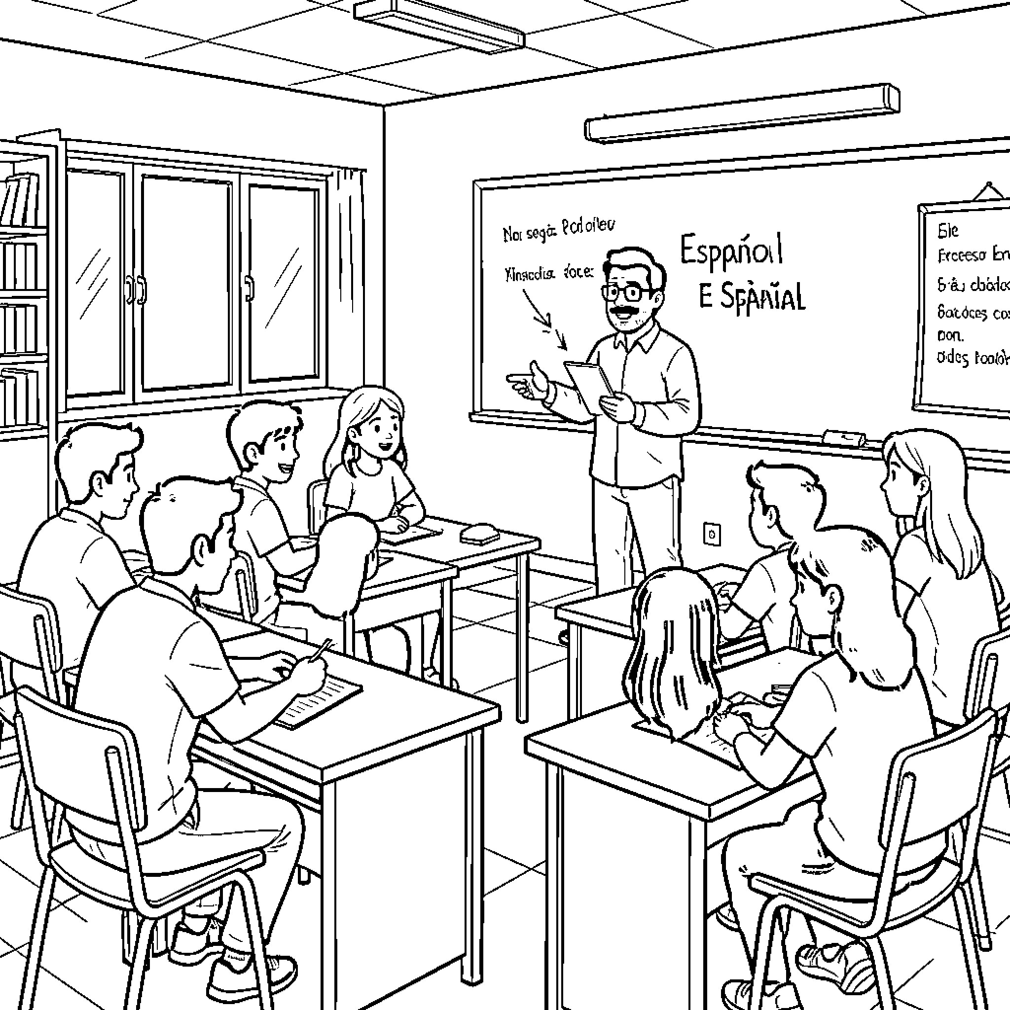 Profesor teaching a language lesson to students in classroom Coloring Page (free black-and-white line drawing printable PDF for all, from beginners to advanced learners, including children, teens, adults, and seniors)