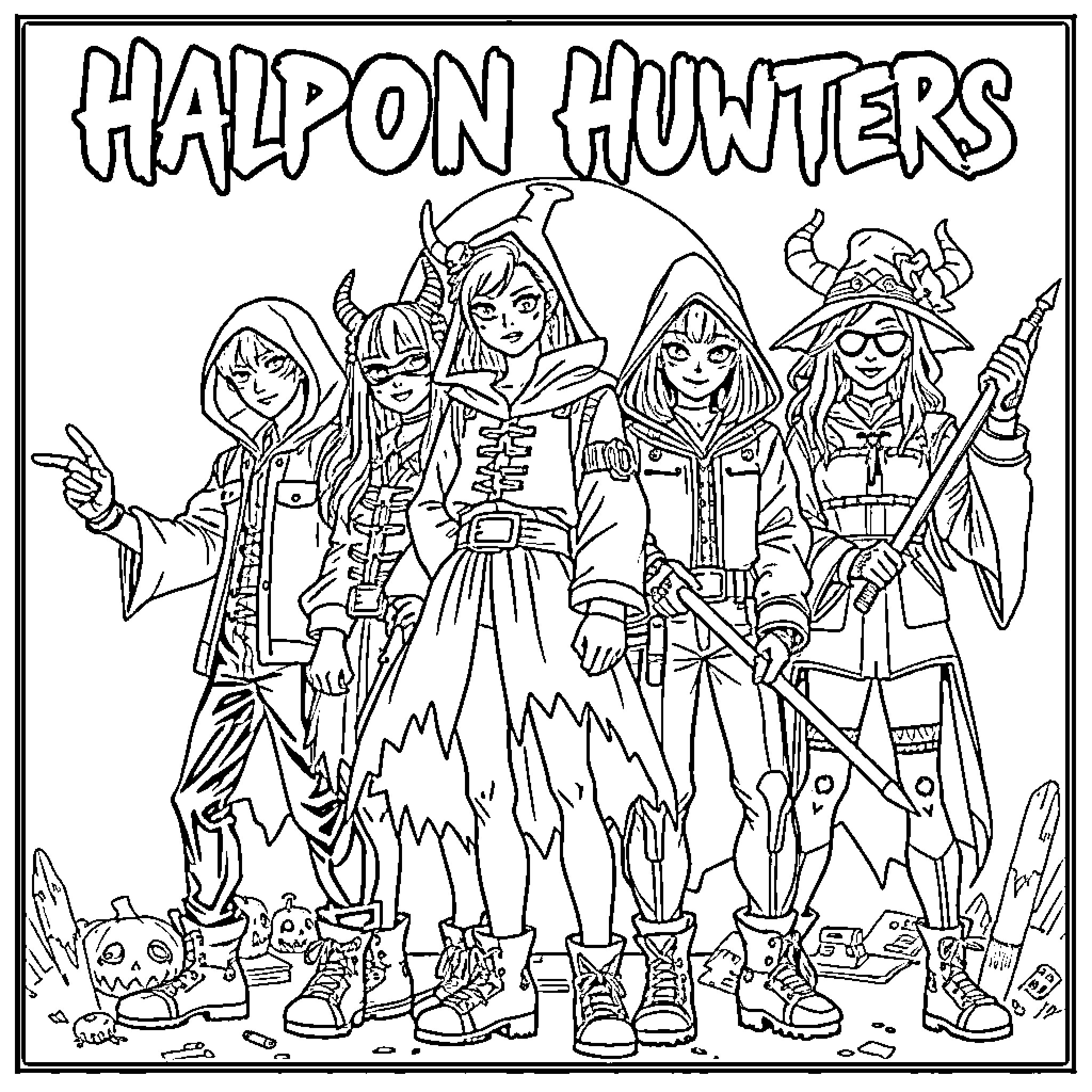 Demon Hunters in Adventurous Attire Coloring Page (free black-and-white line drawing printable PDF for all, from beginners to advanced learners, including children, teens, adults, and seniors)