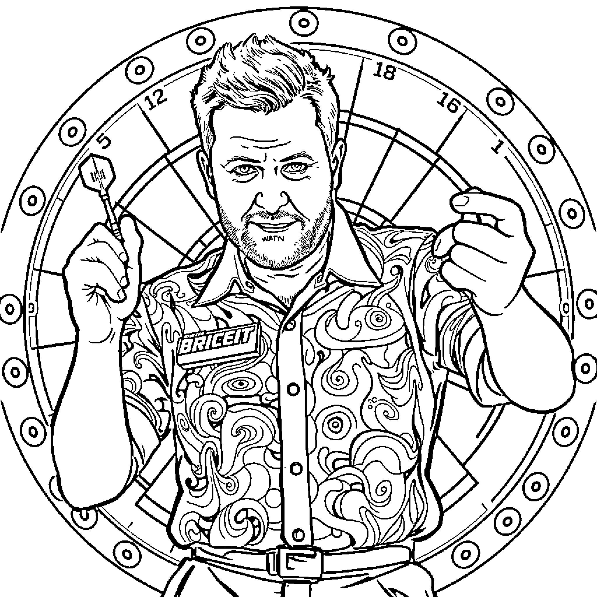 Peter Wright in colorful attire striking a confident pose Coloring Page (free black-and-white line drawing printable PDF for all, from beginners to advanced learners, including children, teens, adults, and seniors)