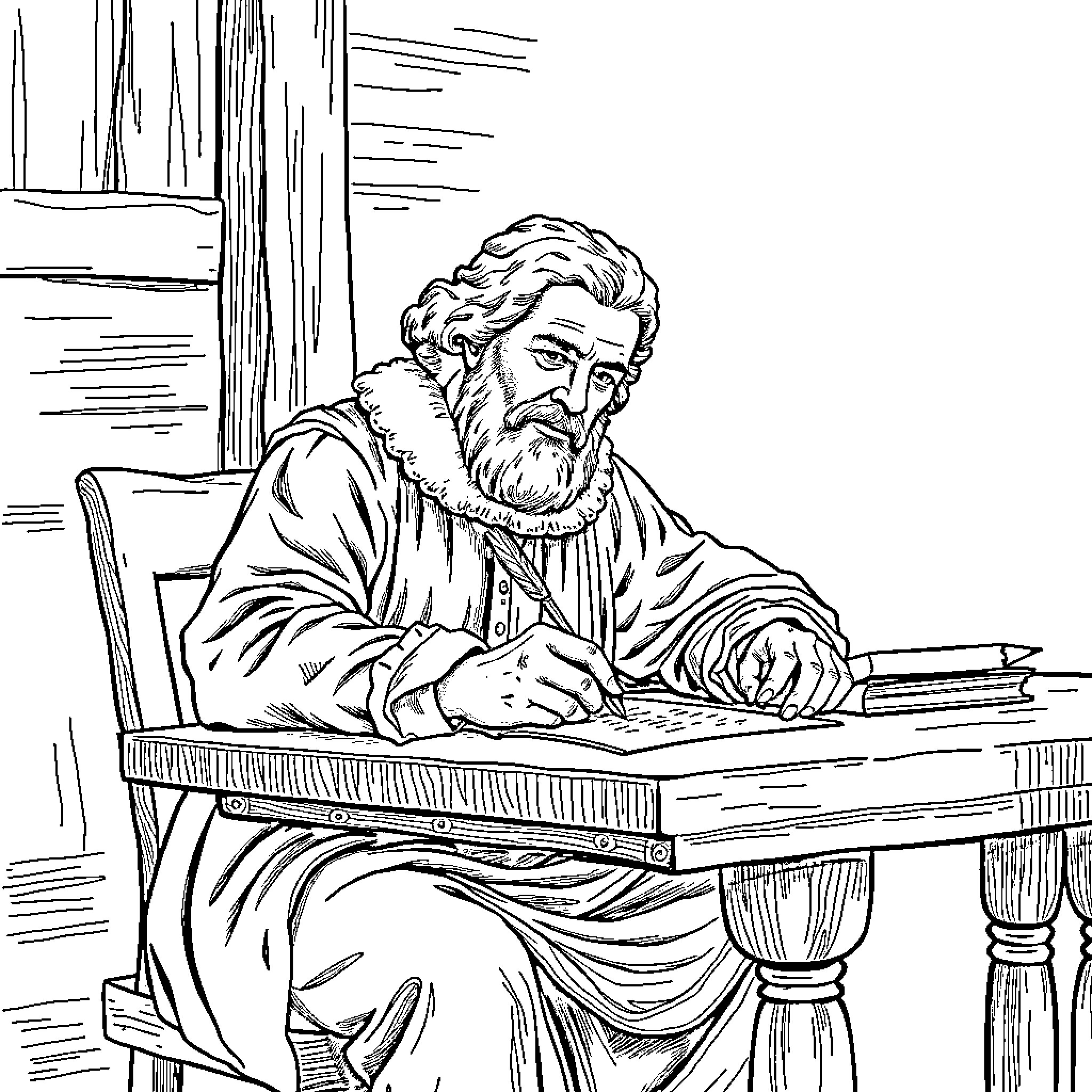 John Locke Contemplating and Writing at His Desk Coloring Page (free black-and-white line drawing printable PDF for all, from beginners to advanced learners, including children, teens, adults, and seniors)