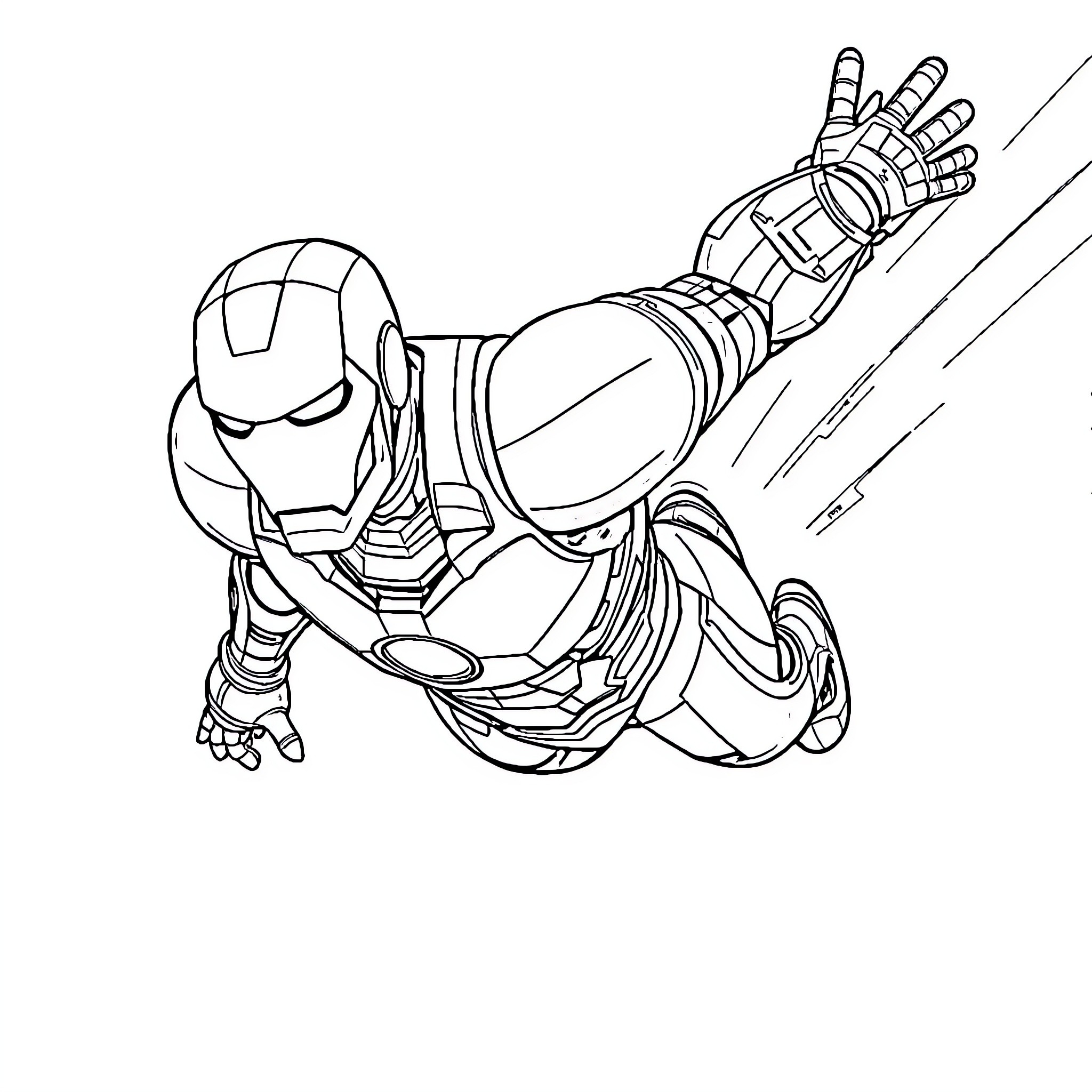 Iron Man in high-speed flight action Coloring Page (free black-and-white line drawing printable PDF for all, from beginners to advanced learners, including children, teens, adults, and seniors)