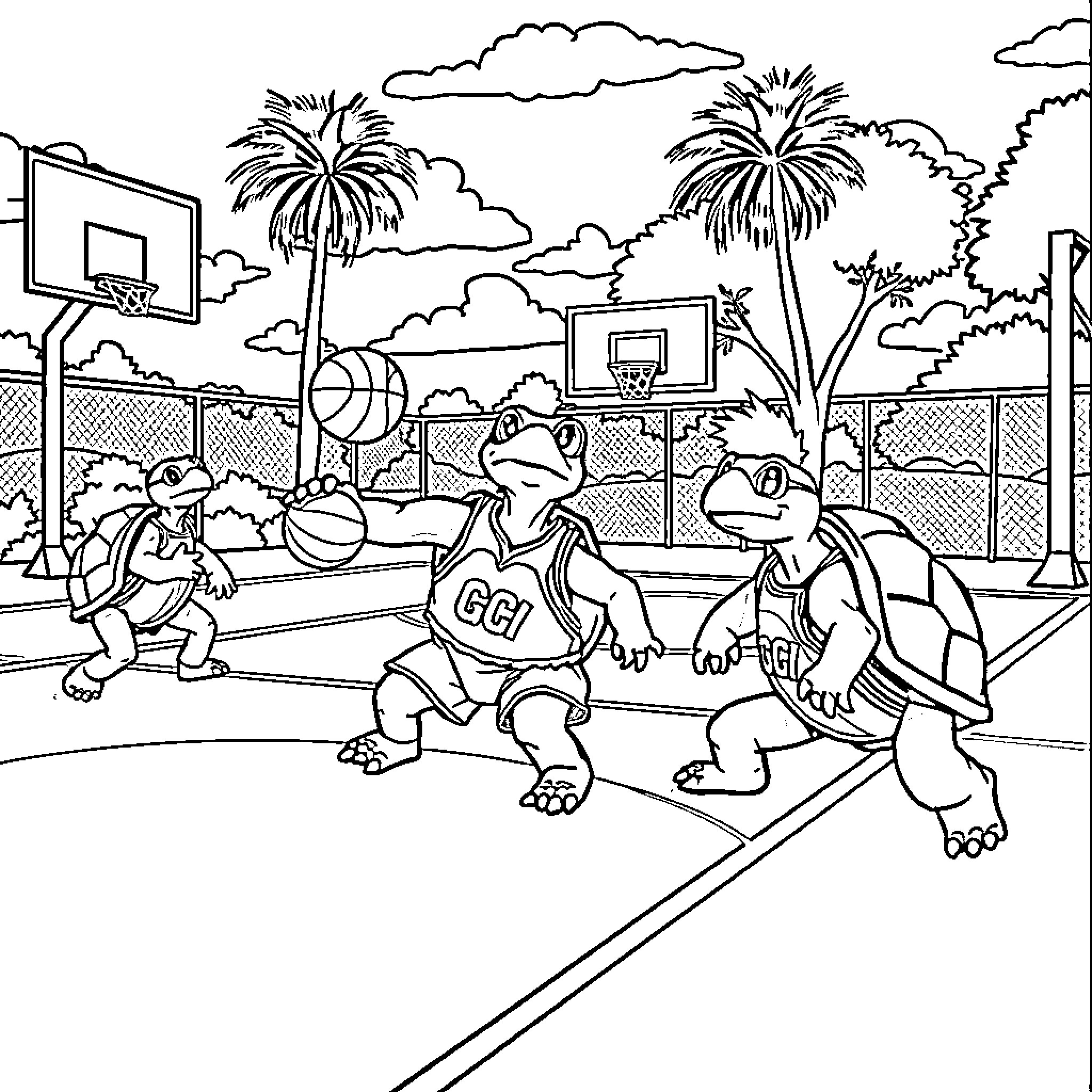 Turtle playing basketball with friends in the park Coloring Page (free black-and-white line drawing printable PDF for all, from beginners to advanced learners, including children, teens, adults, and seniors)