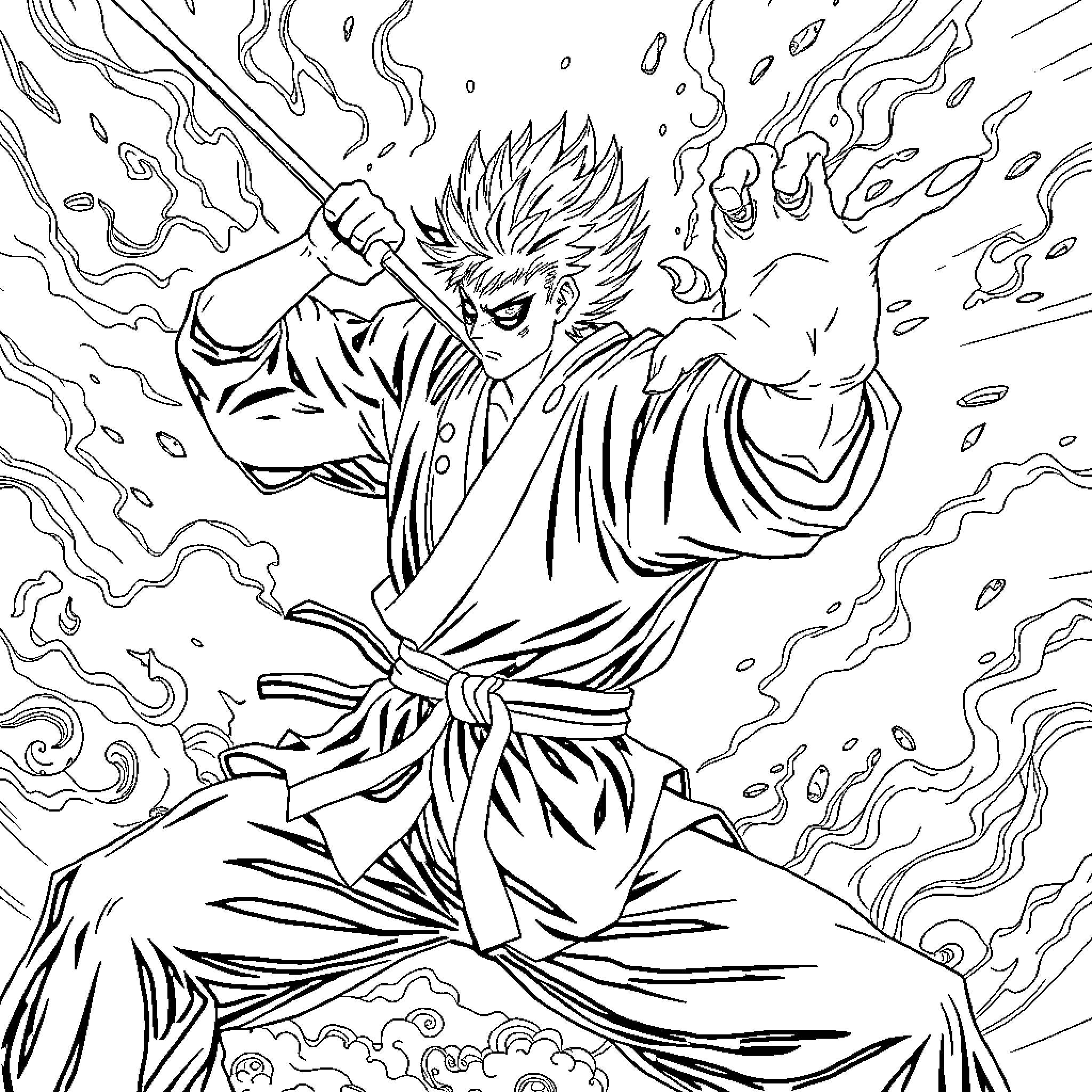 Gojo Wielding Powerful Energy in Intense Stance Coloring Page (free black-and-white line drawing printable PDF for all, from beginners to advanced learners, including children, teens, adults, and seniors)