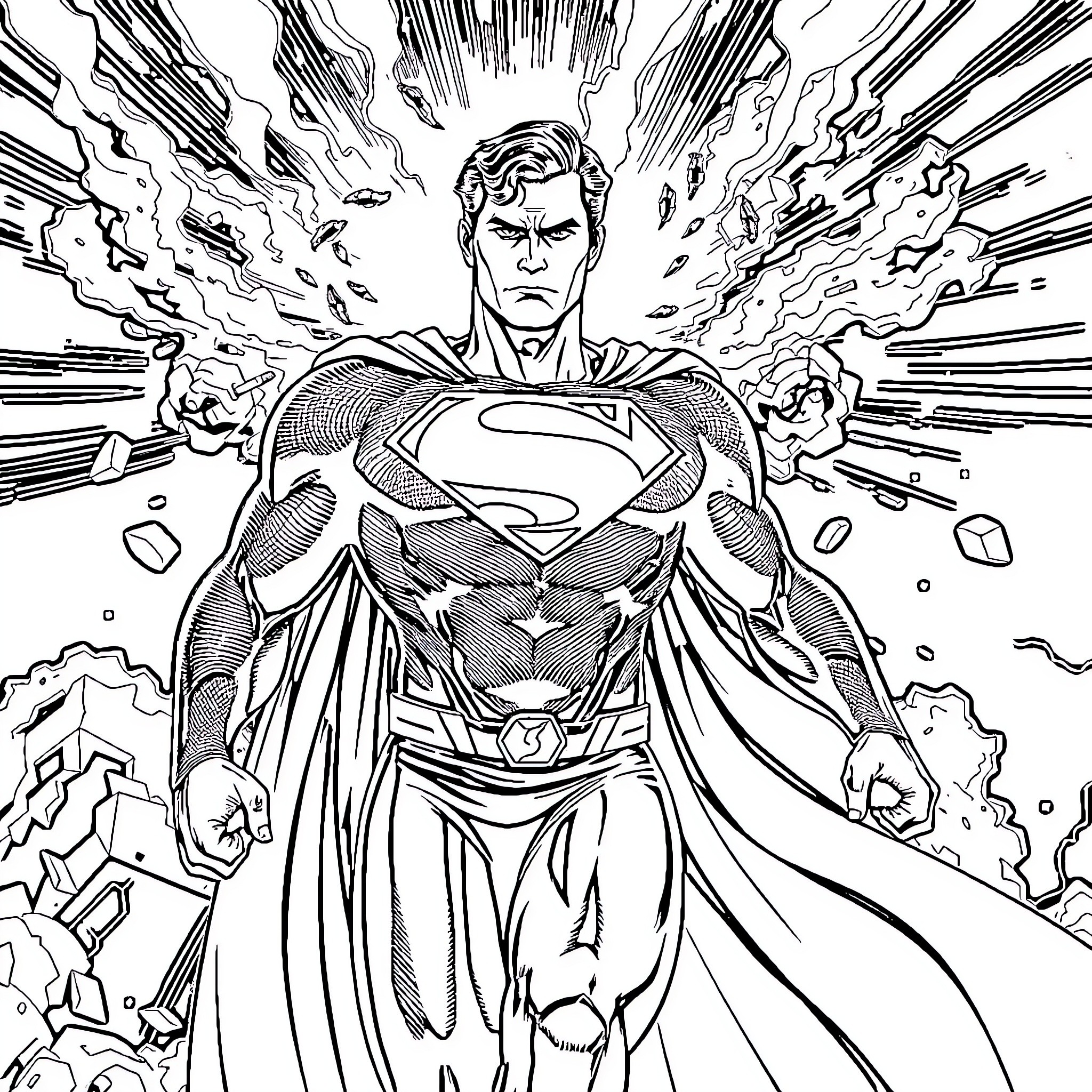 Superman unleashing his powers in an epic scene Coloring Page (free black-and-white line drawing printable PDF for all, from beginners to advanced learners, including children, teens, adults, and seniors)