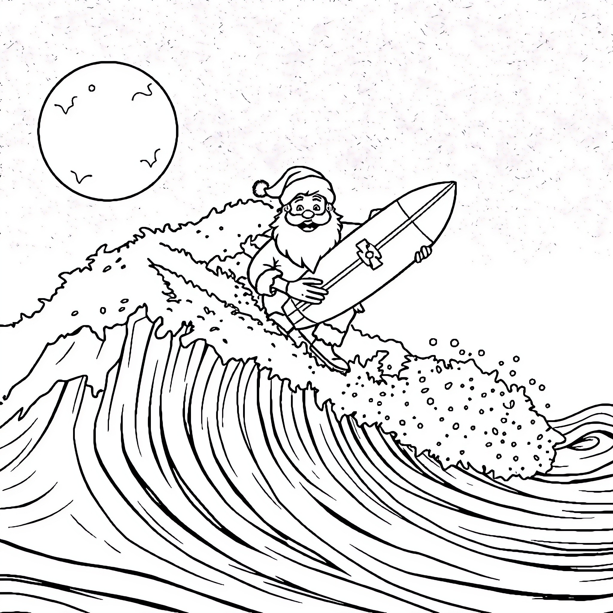 Santa surfing the snowy waves on a moonlit night Coloring Page (free black-and-white line drawing printable PDF for all, from beginners to advanced learners, including children, teens, adults, and seniors)