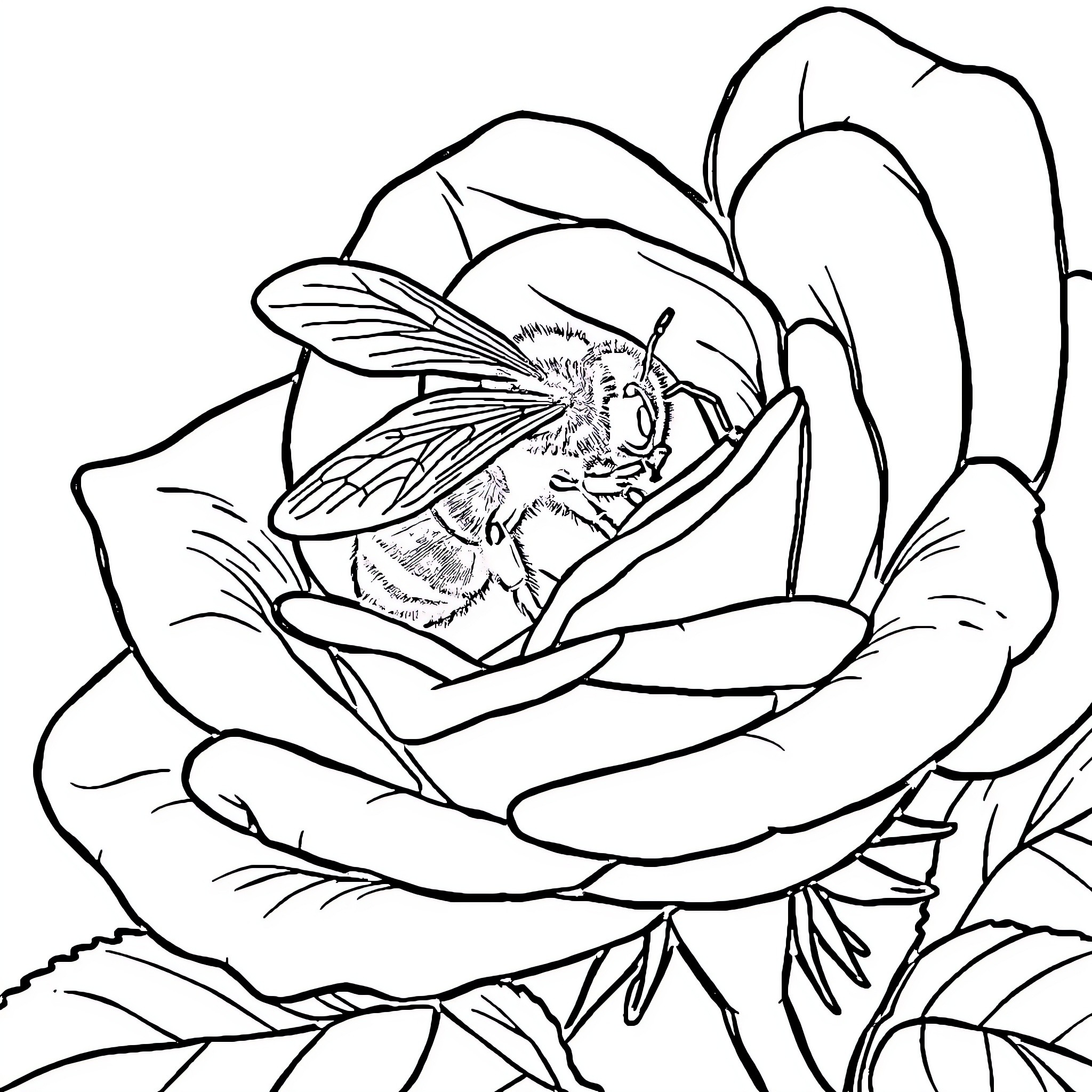 Bee nestled in a blooming flower Coloring Page (free black-and-white line drawing printable PDF for all, from beginners to advanced learners, including children, teens, adults, and seniors)