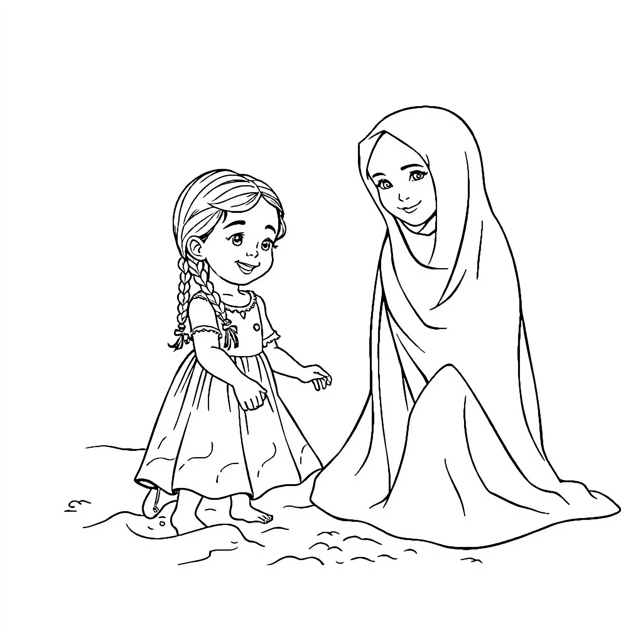Girl and her mother in traditional attire Coloring Page (free black-and-white line drawing printable PDF for all, from beginners to advanced learners, including children, teens, adults, and seniors)