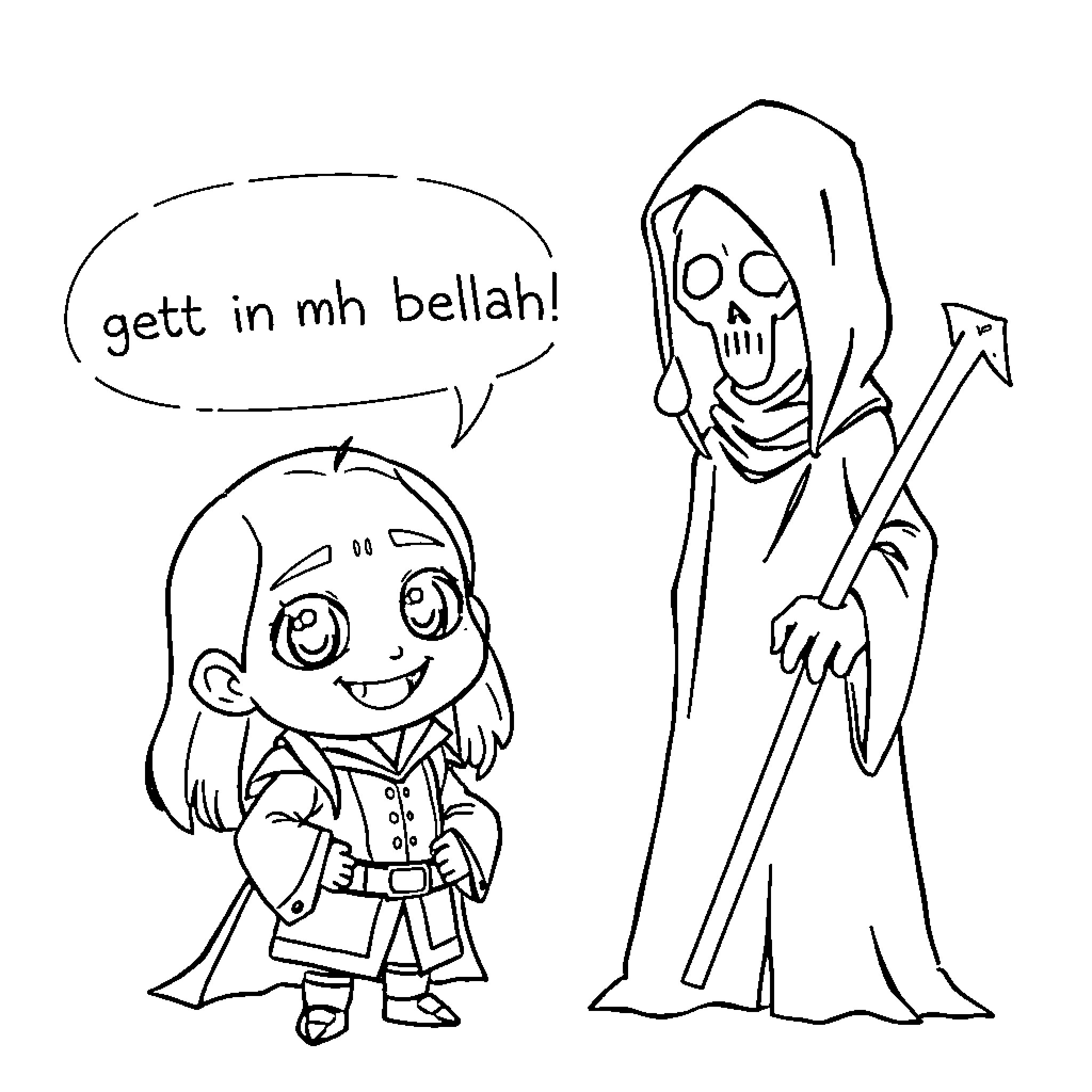 Lucius Malfoy confronts a cheerful young witch Coloring Page (free black-and-white line drawing printable PDF for all, from beginners to advanced learners, including children, teens, adults, and seniors)