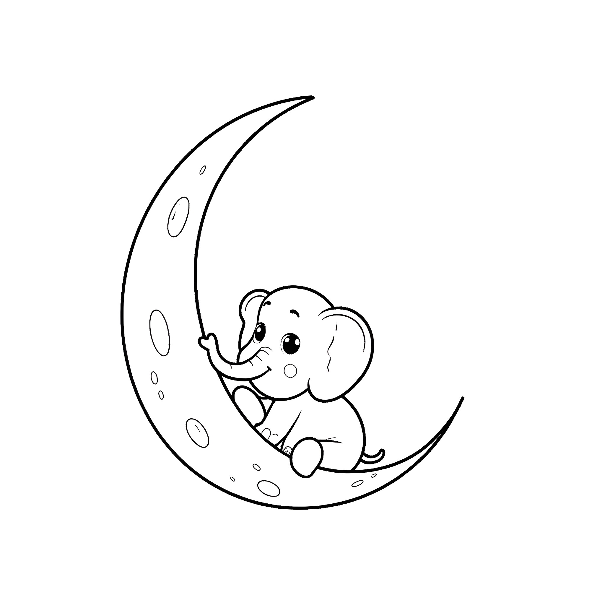 Elephant sitting on the crescent moon Coloring Page (free black-and-white line drawing printable PDF for all, from beginners to advanced learners, including children, teens, adults, and seniors)