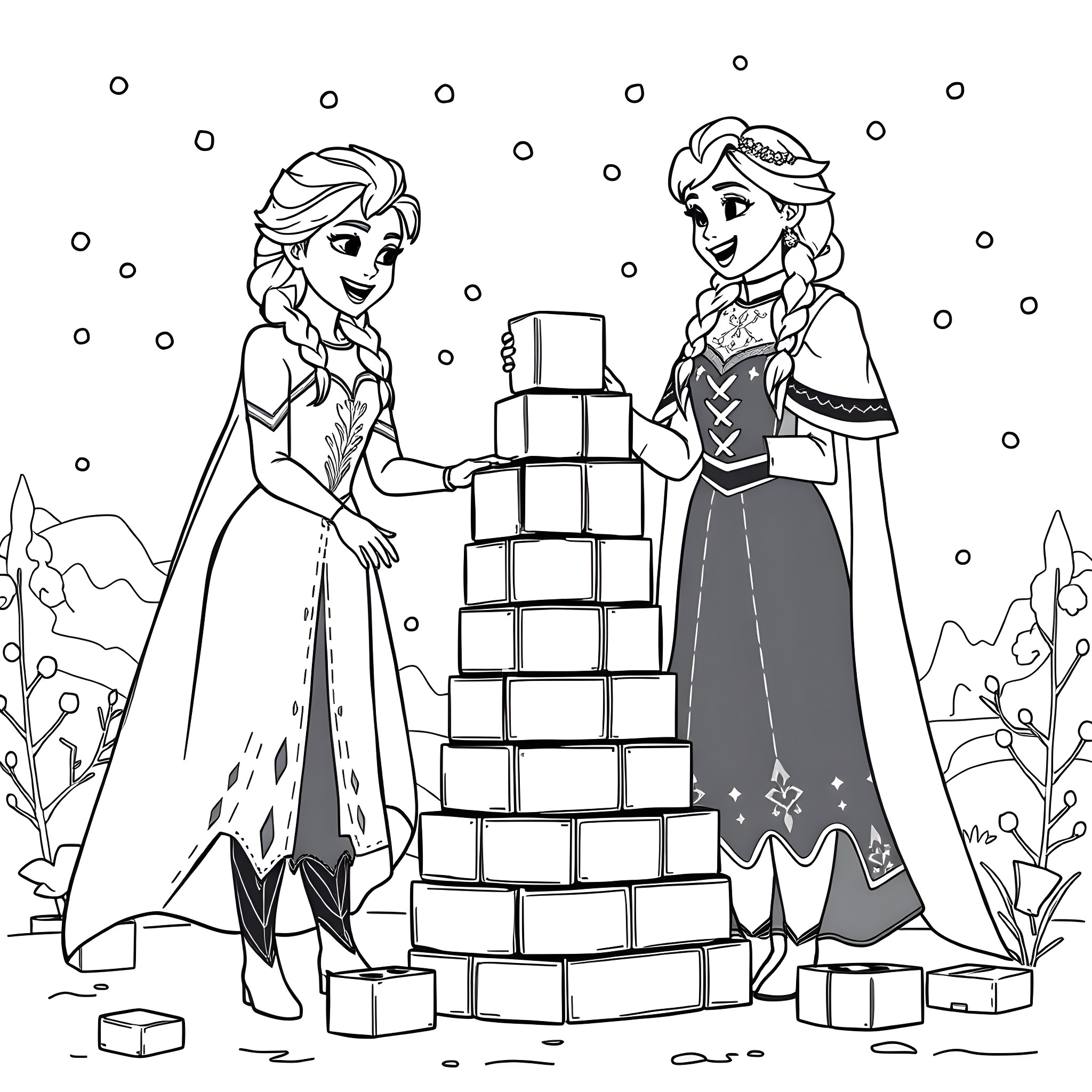 Elsa and Anna building a snowman together Coloring Page (free black-and-white line drawing printable PDF for all, from beginners to advanced learners, including children, teens, adults, and seniors)