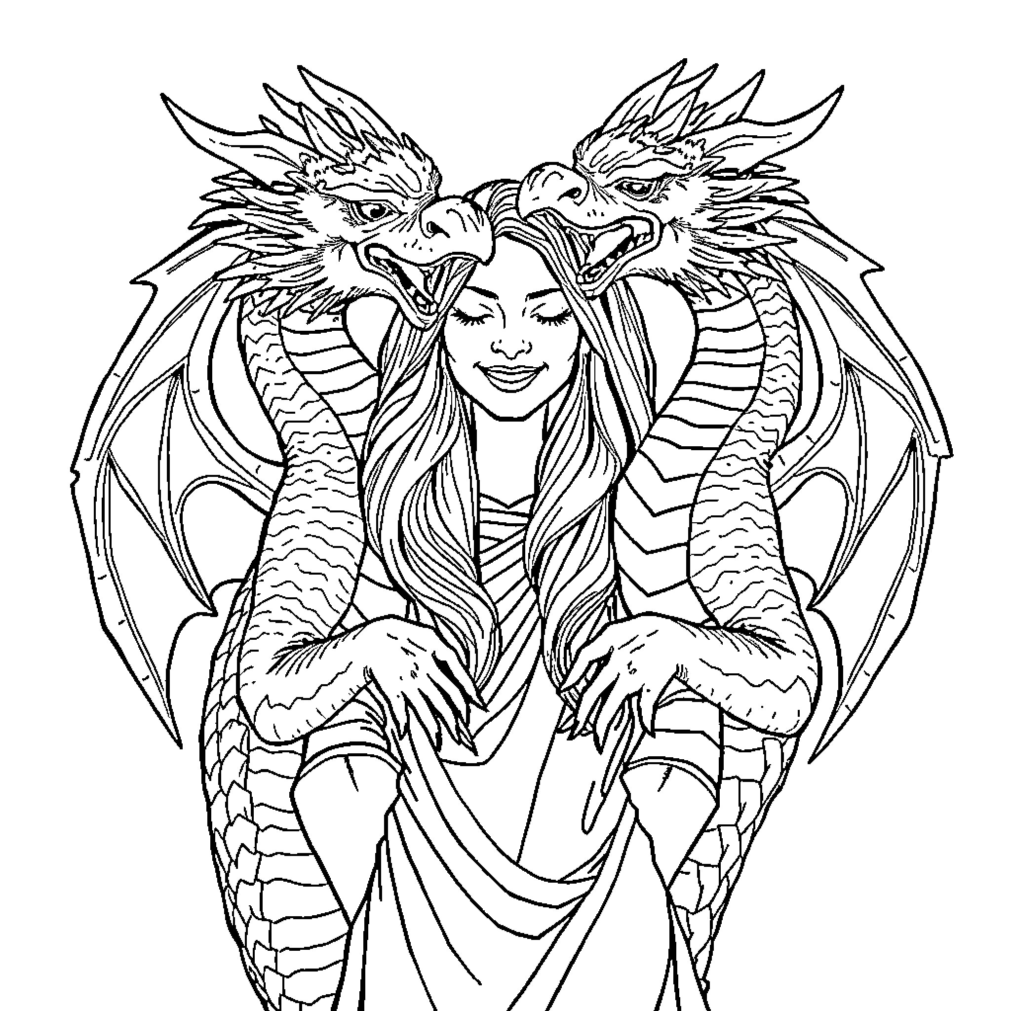 Dragon Goddess Surrounded by Fierce Mythical Beasts Coloring Page (free black-and-white line drawing printable PDF for all, from beginners to advanced learners, including children, teens, adults, and seniors)