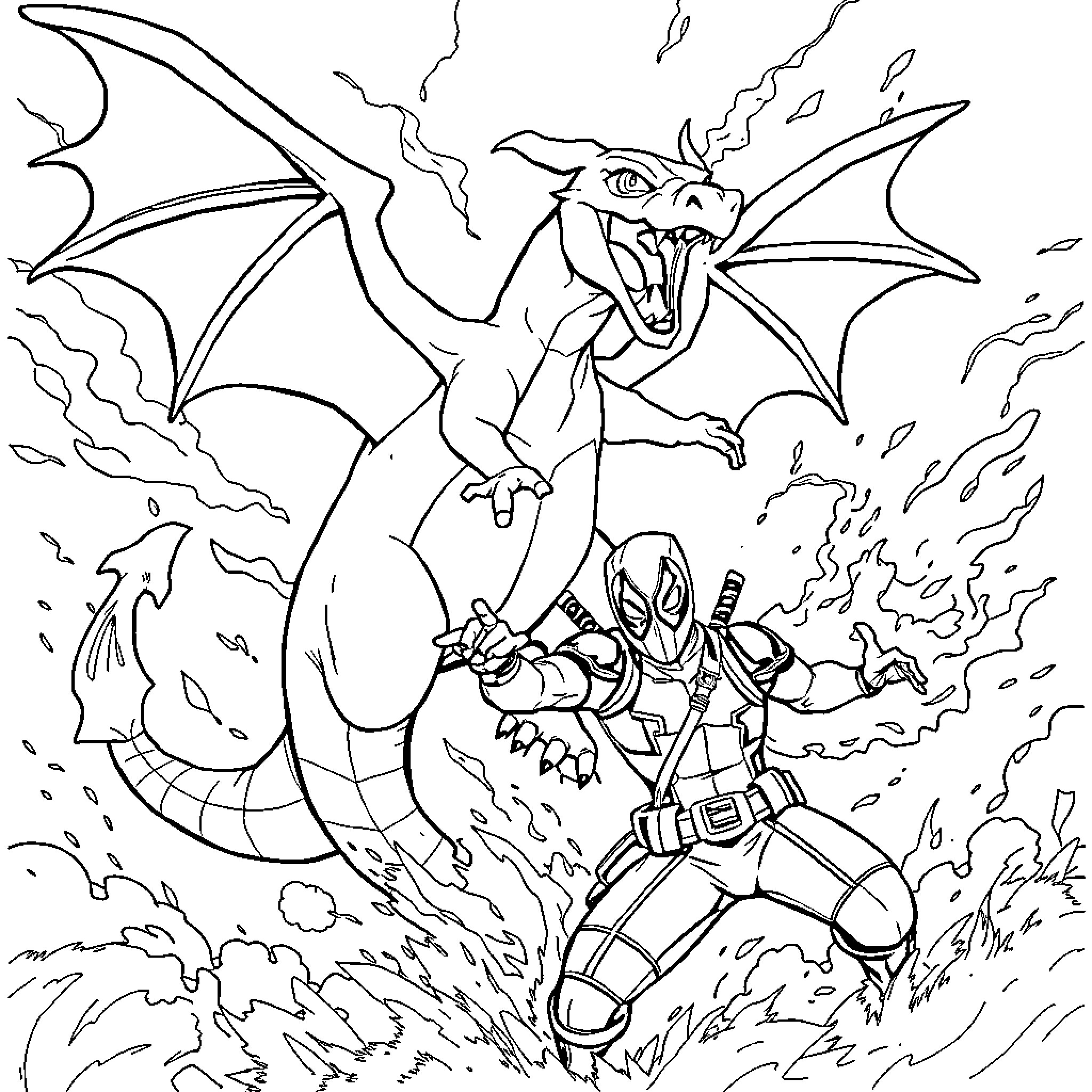 Charizard confronting an armed fighter in battle Coloring Page (free black-and-white line drawing printable PDF for all, from beginners to advanced learners, including children, teens, adults, and seniors)