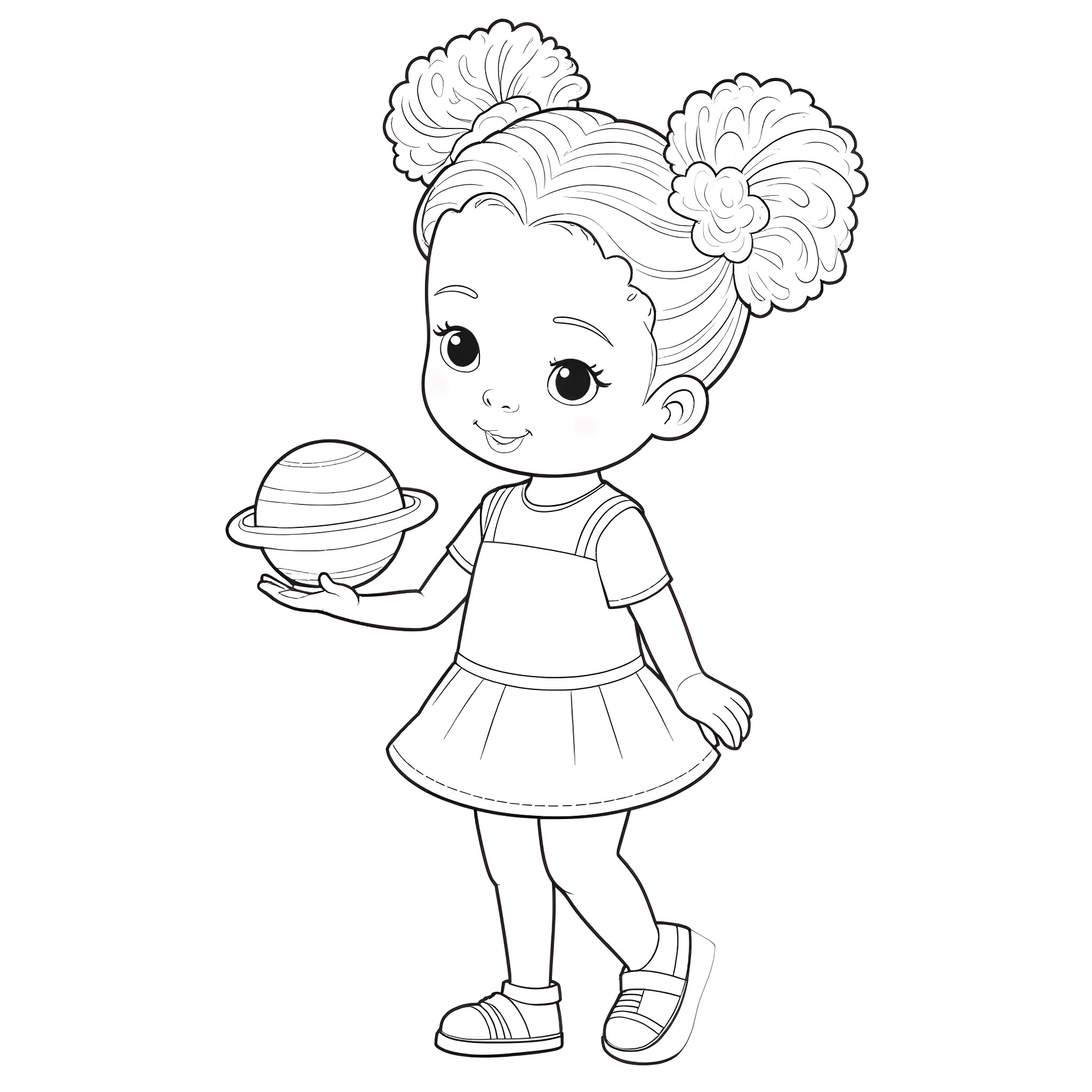 Toddler girl holding a toy planet Coloring Page (free black-and-white line drawing printable PDF for all, from beginners to advanced learners, including children, teens, adults, and seniors)