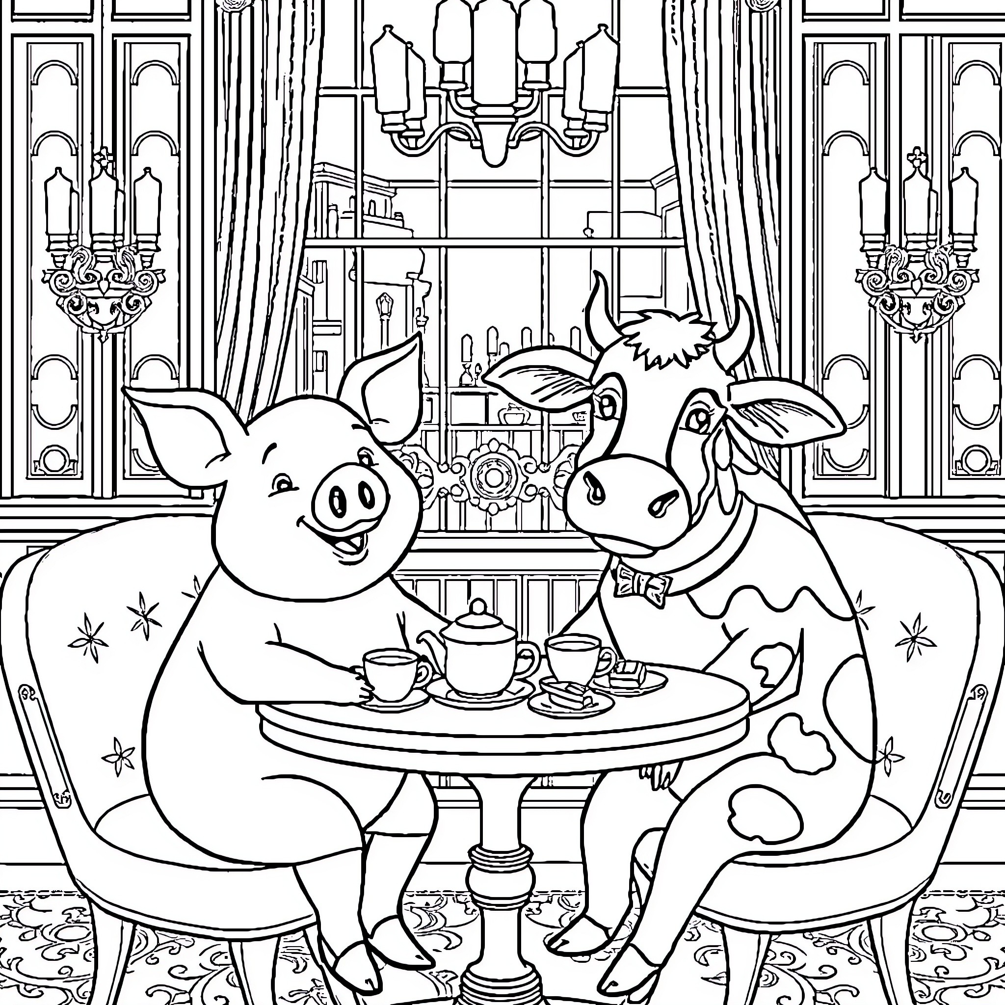 Pigs enjoying tea time in a grand hall Coloring Page (free black-and-white line drawing printable PDF for all, from beginners to advanced learners, including children, teens, adults, and seniors)