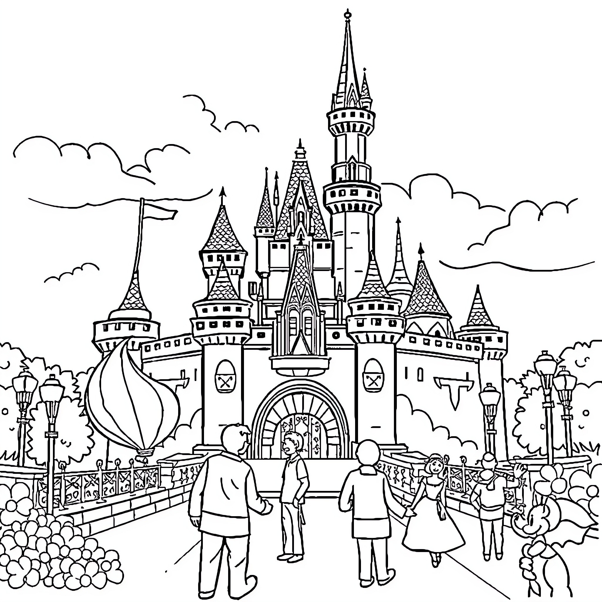 Disney characters exploring a magical castle Coloring Page (free black-and-white line drawing printable PDF for all, from beginners to advanced learners, including children, teens, adults, and seniors)