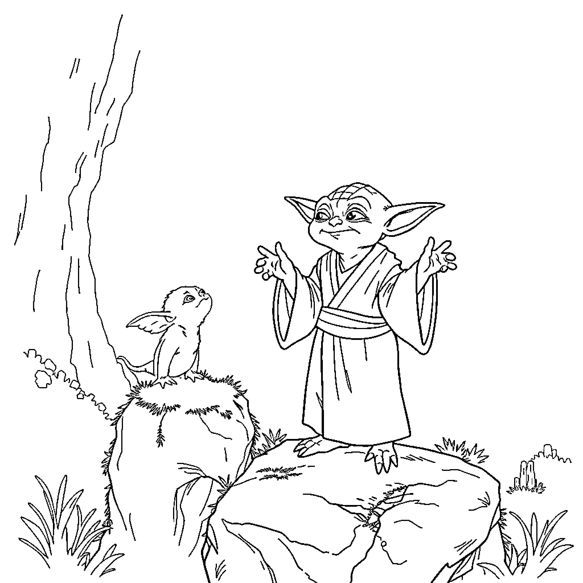 Yoda meditating peacefully in the forest Coloring Page (free black-and-white line drawing printable PDF for all, from beginners to advanced learners, including children, teens, adults, and seniors)