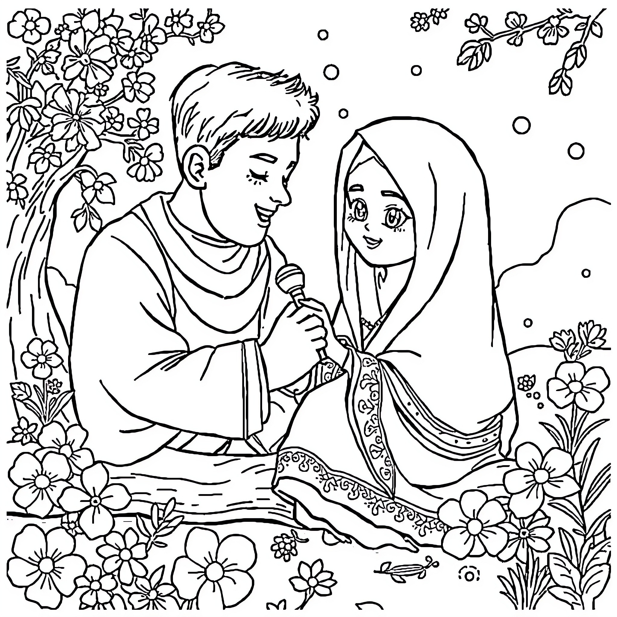 Kuromi's Flowery Encounter Coloring Page (free black-and-white line drawing printable PDF for all, from beginners to advanced learners, including children, teens, adults, and seniors)