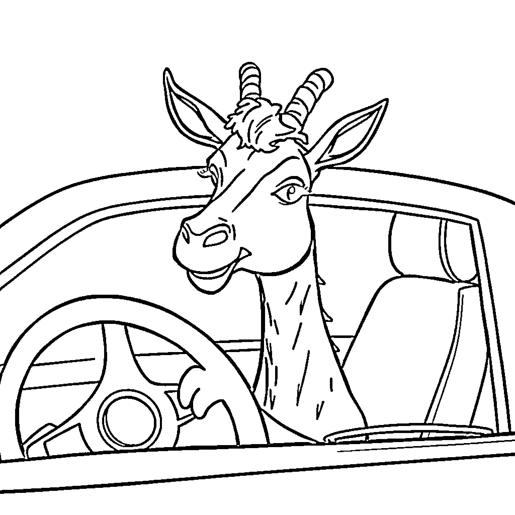 Donkey driving a vehicle with exaggerated features Coloring Page (free black-and-white line drawing printable PDF for all, from beginners to advanced learners, including children, teens, adults, and seniors)