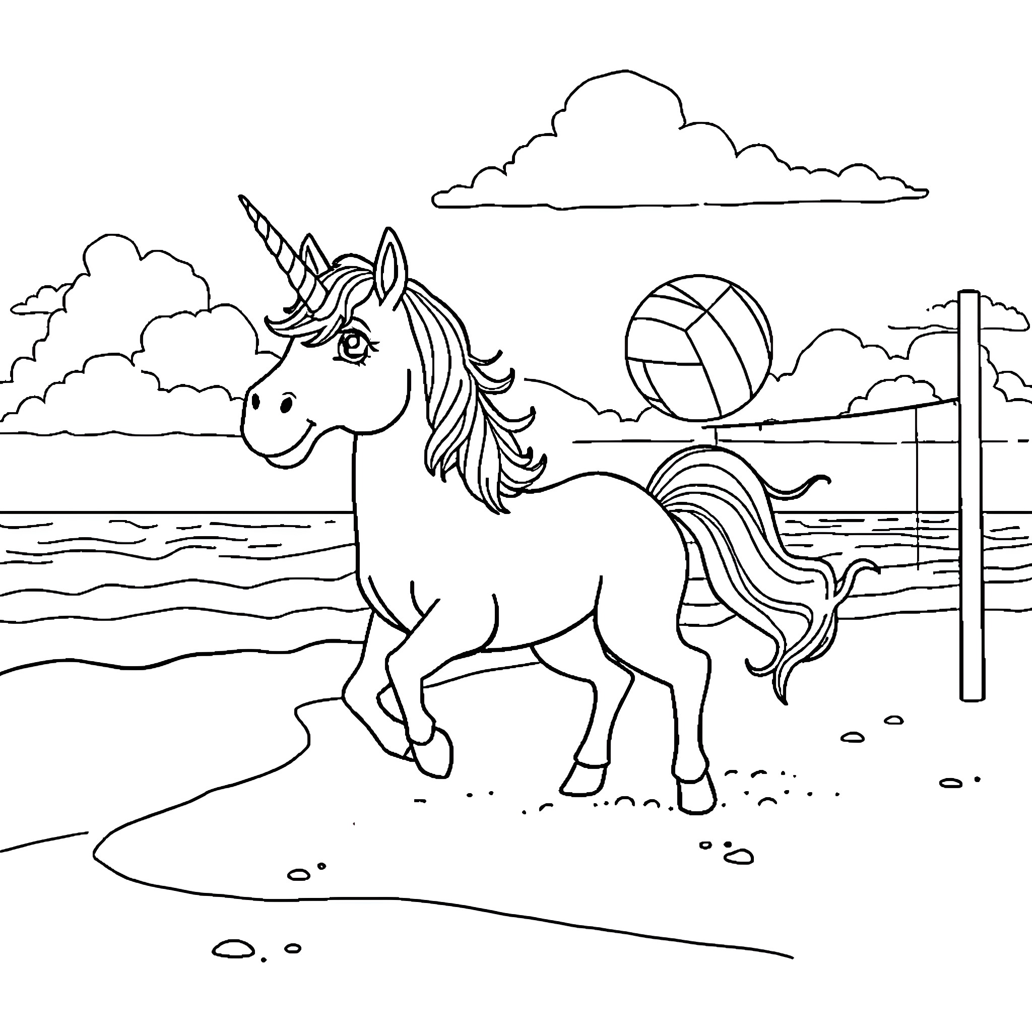 Unicorn playing on the beach Coloring Page (free black-and-white line drawing printable PDF for all, from beginners to advanced learners, including children, teens, adults, and seniors)